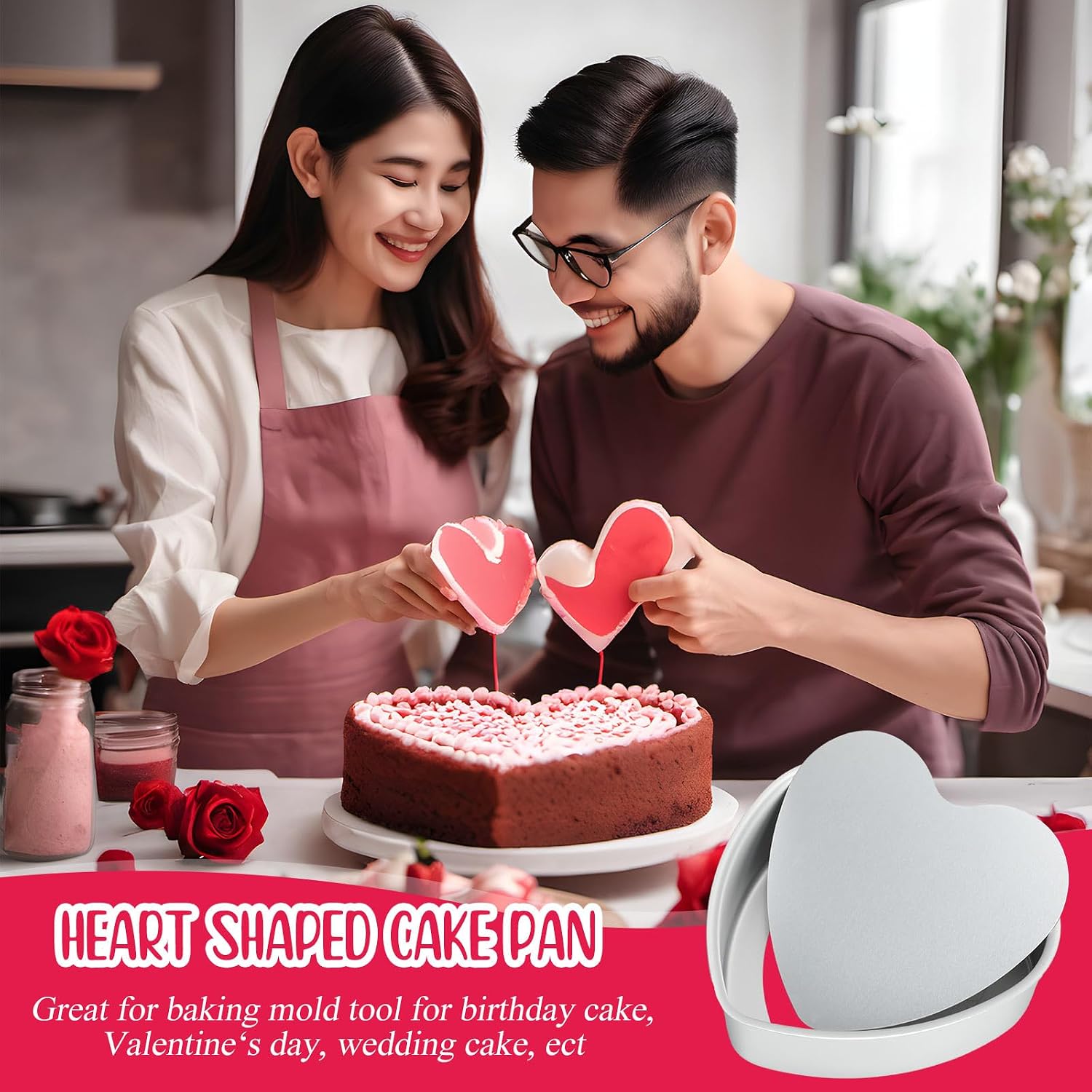 Nuogo 3 Pieces 8 Inch Heart Shaped Cake Pans Non-stick Aluminum Baking Pans with Removable Bottom Heart Cake Mold for Kitchen Birthday Wedding Valentine's Day