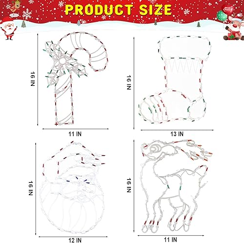 Miniatura 6 de Luces de Navidad  Paquete de 4 luces LED de silueta de ventana de 16 pulgadas, incluye bastón de caramelo, calcetín de Papá Noel, reno, decoración