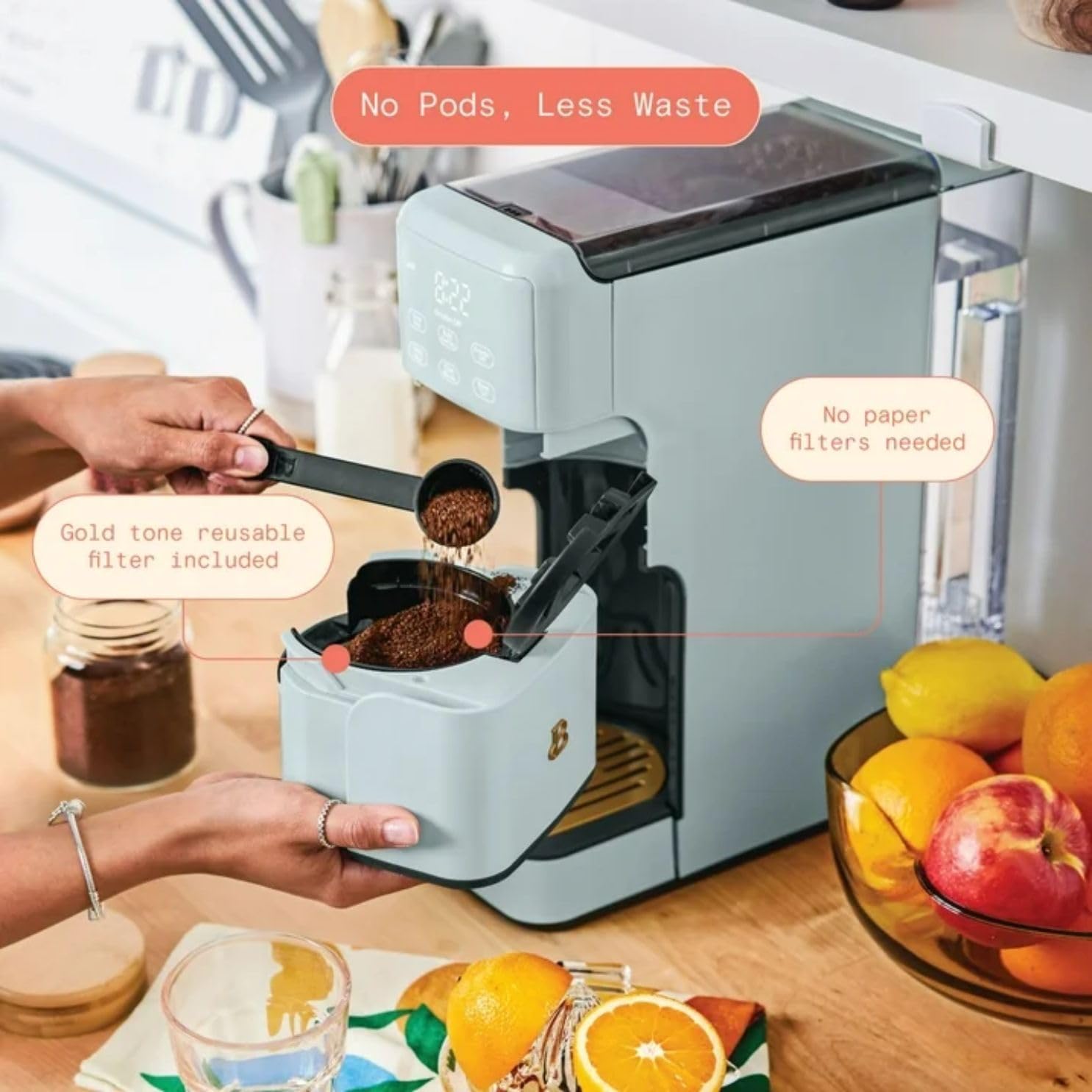 Single Serve Coffee Maker with Built-In Burr Grinder, 6 Cup Sizes, 3 Strengths and 64oz Reservoir for Custom Brewing (Hydrangea)