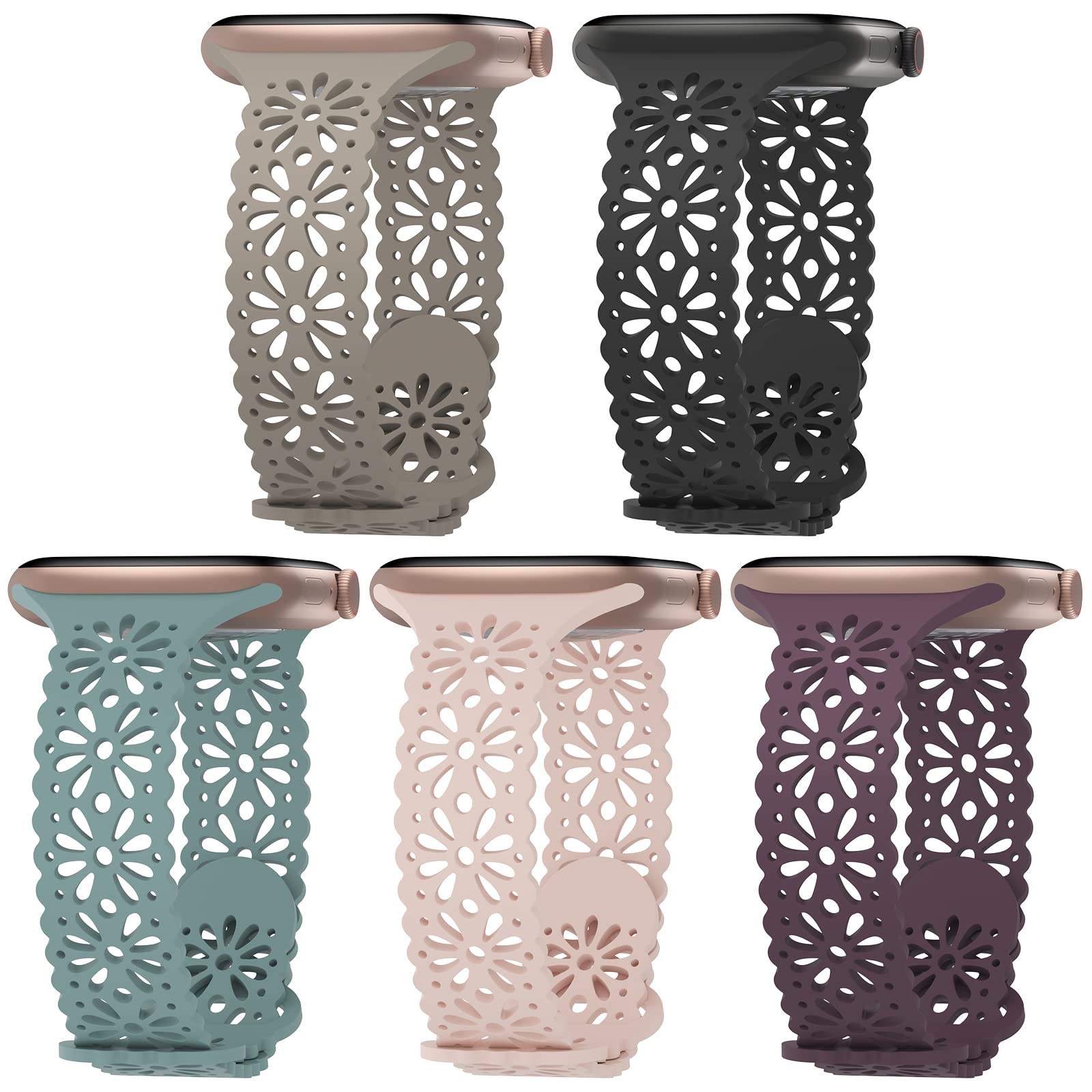 Steezrd5 Pack Slim Lace Silicone Bands Compatible for Apple Watch Band 38mm 40mm 41mm 42mm 44mm 45mm 49mm, Thin Hollow-out Breathable Strap for iWatch Ultra/2 Series 9/8/7/SE/6/5/4/3/2/1 Women Men