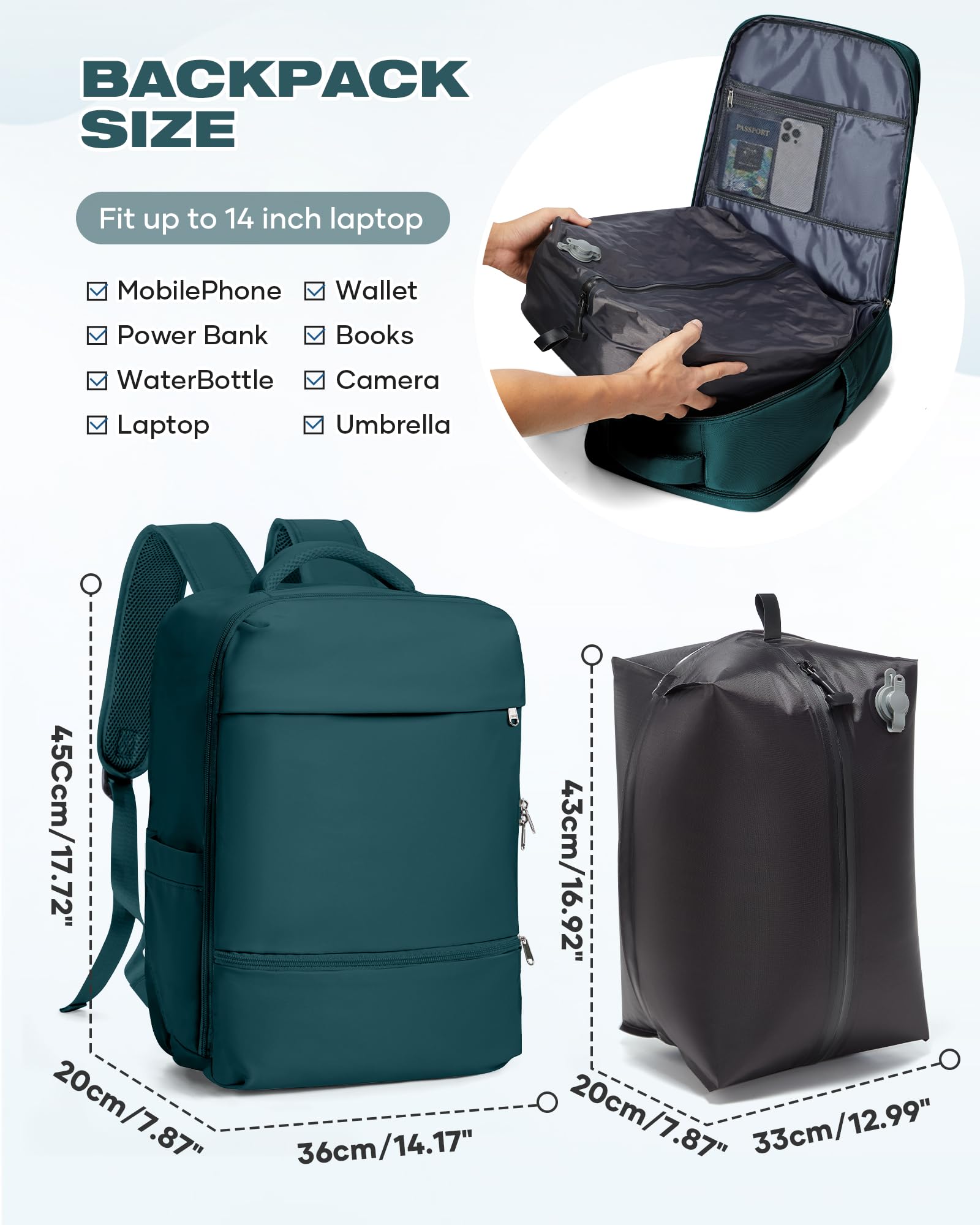 SZLX Zaino Ryanair 40x30x20 Sottovuoto con Pompa Zaino Ryanair 40x20x25 Donna Zaino da Viaggio Wizzair Bagaglio a Mano Uomo per Laptop da 14 Pollici Borse da Cabina 45x36x20 Easyjet con Porta Scarpe