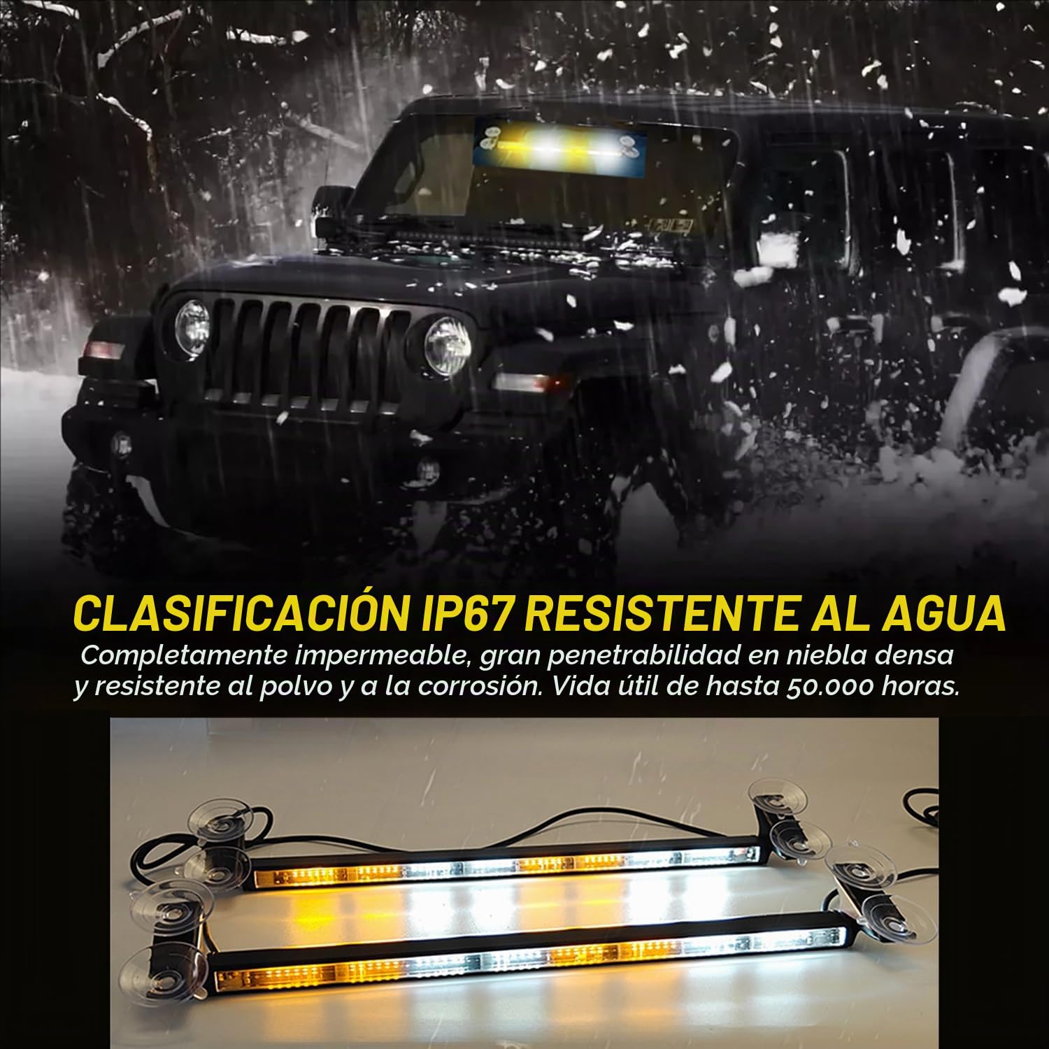 Luces Estroboscopicas Coche,Luces De Ventosa para Coche,Tira De Luz Estroboscópica,Ip67,23 Modos De Flash,Cable De Alimentación De 4,5 m,Blanco y Amarillo,para Coches,Camiones, Tractores,Etc.