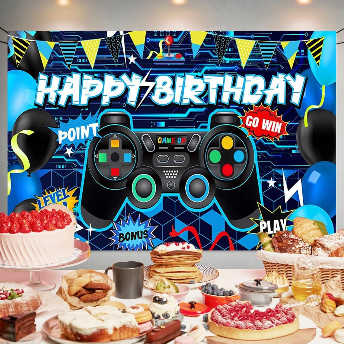 Game Birthday Party Decoration Gaming Happy Birthday Backdrop Photo Background Banner Poster for Game Party Decorations Party Supplies 70.8 x 47.2 Inch image 3