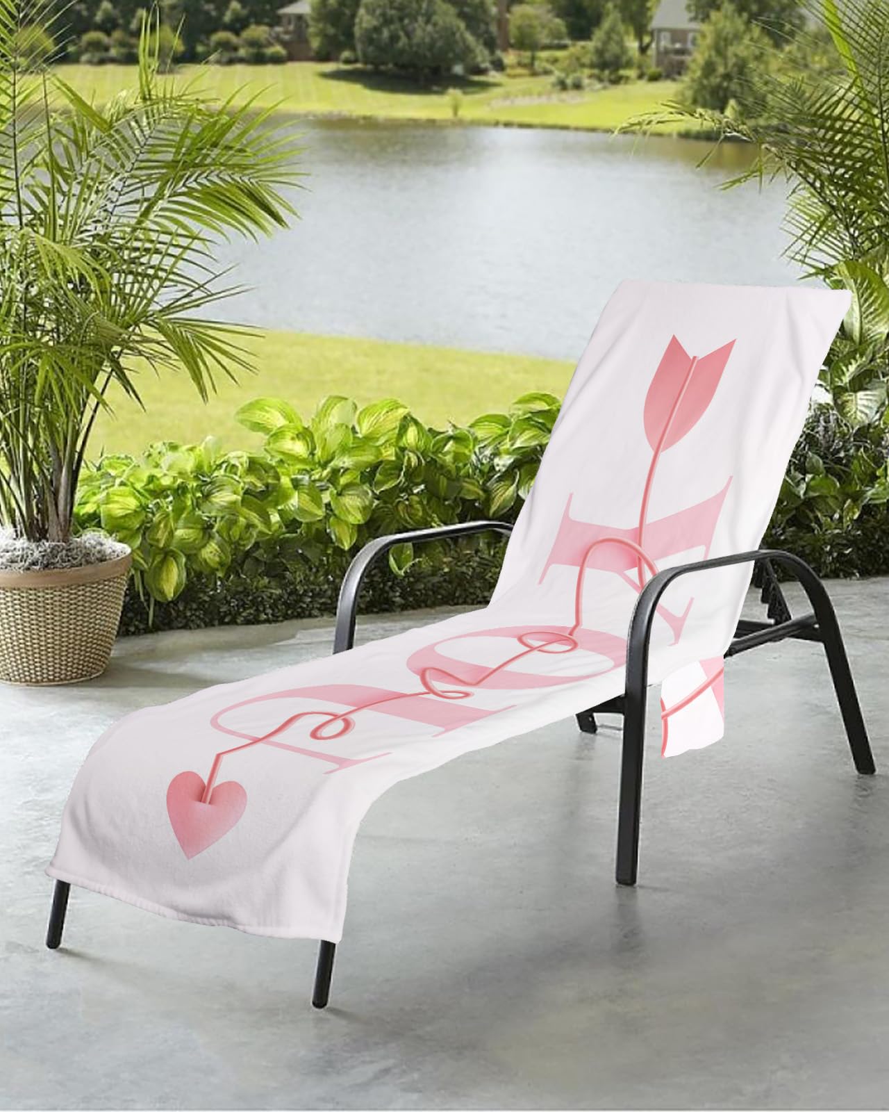Valentine's Day Beach Chair Towel Covers for Chaise Lounge with Side Pocket, Soft Plush Pool Towels Cover for Patio Sunbathing Outdoor 29''x85'' Romantic Love Word Soild Pink