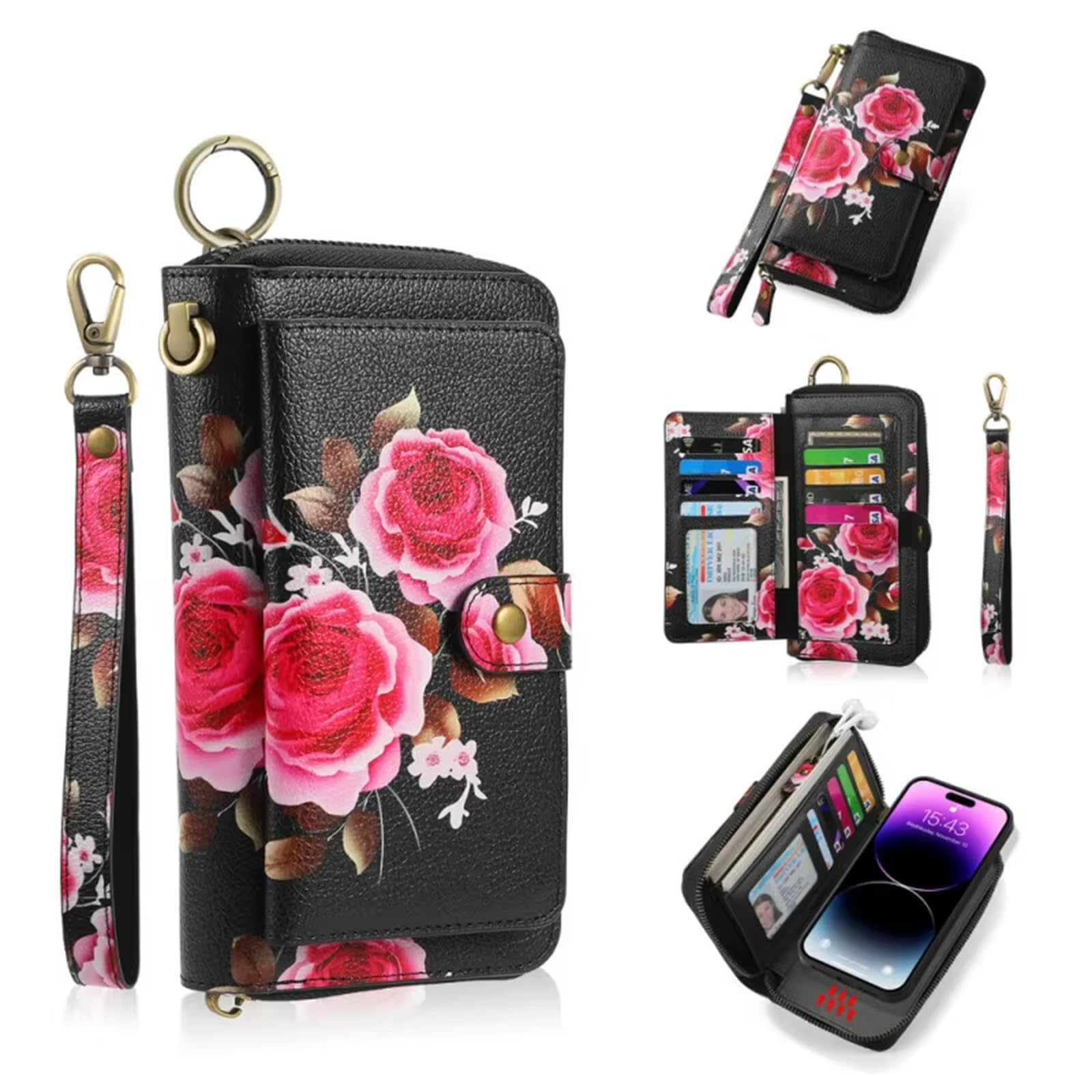 Schutzhülle für iPhone 16 Pro Max/16 Pro/16 Plus/16, Kompatibilität mit MagSafe magnetischen, abnehmbaren RFID-blockierenden Kartenfächern, Blumenmuster, PU-Leder, Clutch, Geldbörse, Handtasche