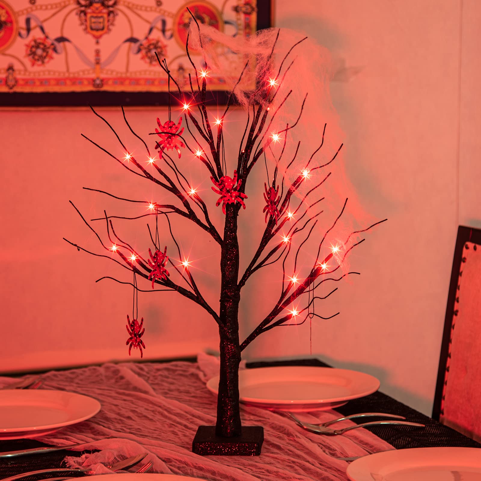 EAMBRITE 2FT Halloween Spooky Tree with Lights Battery Operated Light up Indoor Halloween Decorations with Spiders Small Black Twig Tree Gifts for Kids