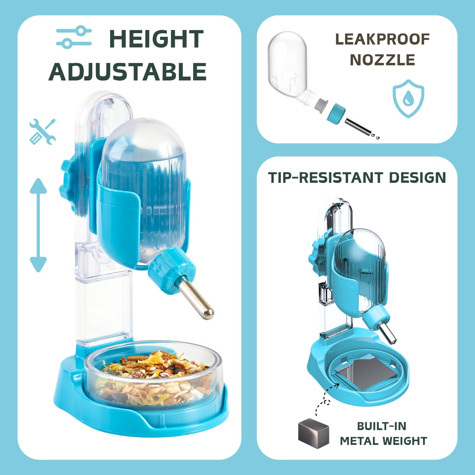 Bouteille d'eau pour Hamster avec Support, Distributeur d'eau de 100 ML avec Bol de Nourriture pour Hamsters Syriens, Hamsters Nains, Souris, Rats, Dégus (Bleu, P1692- Autoportant)
