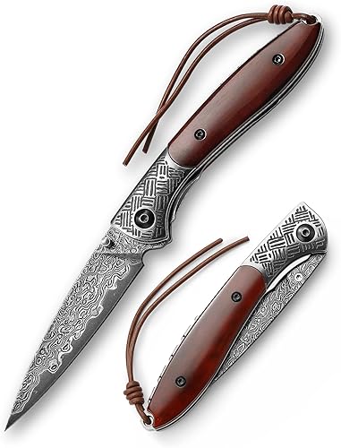 Cuchillo de bolsillo plegable de Damasco hecho a mano de 3.15 pulgadas, cuchillos EDC regalo para hombres, mango de hueso marrón, rodamientos de
