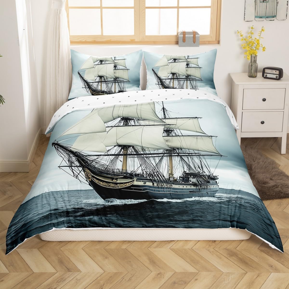 Nautical Duvet Cover Queen Size Retro Sailboat Bedding Set for Boys Teens Kids Child,Ocean Theme Comforter Cover Ocean Boat Bedclothes,Pirate Ship Bedroom Decor Vintage Style