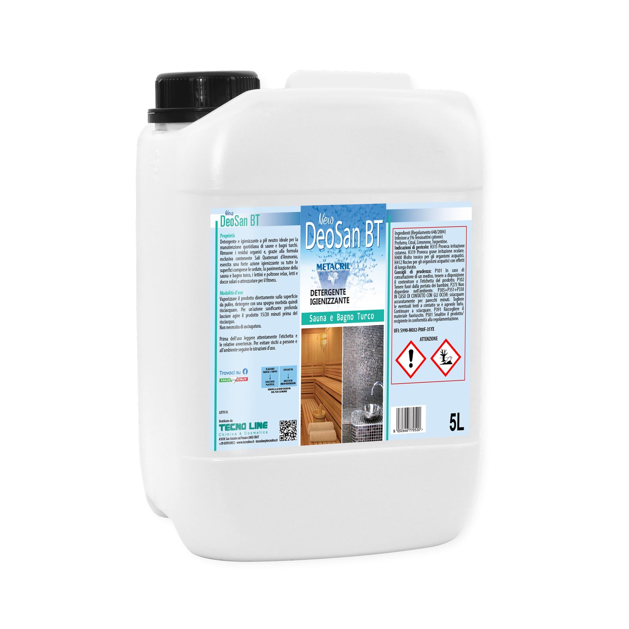 Metacril New DeoSan BT + Flacone Vapo, Detergente e Deodorante - 5 LT | ideale per Sauna e Bagno Turco