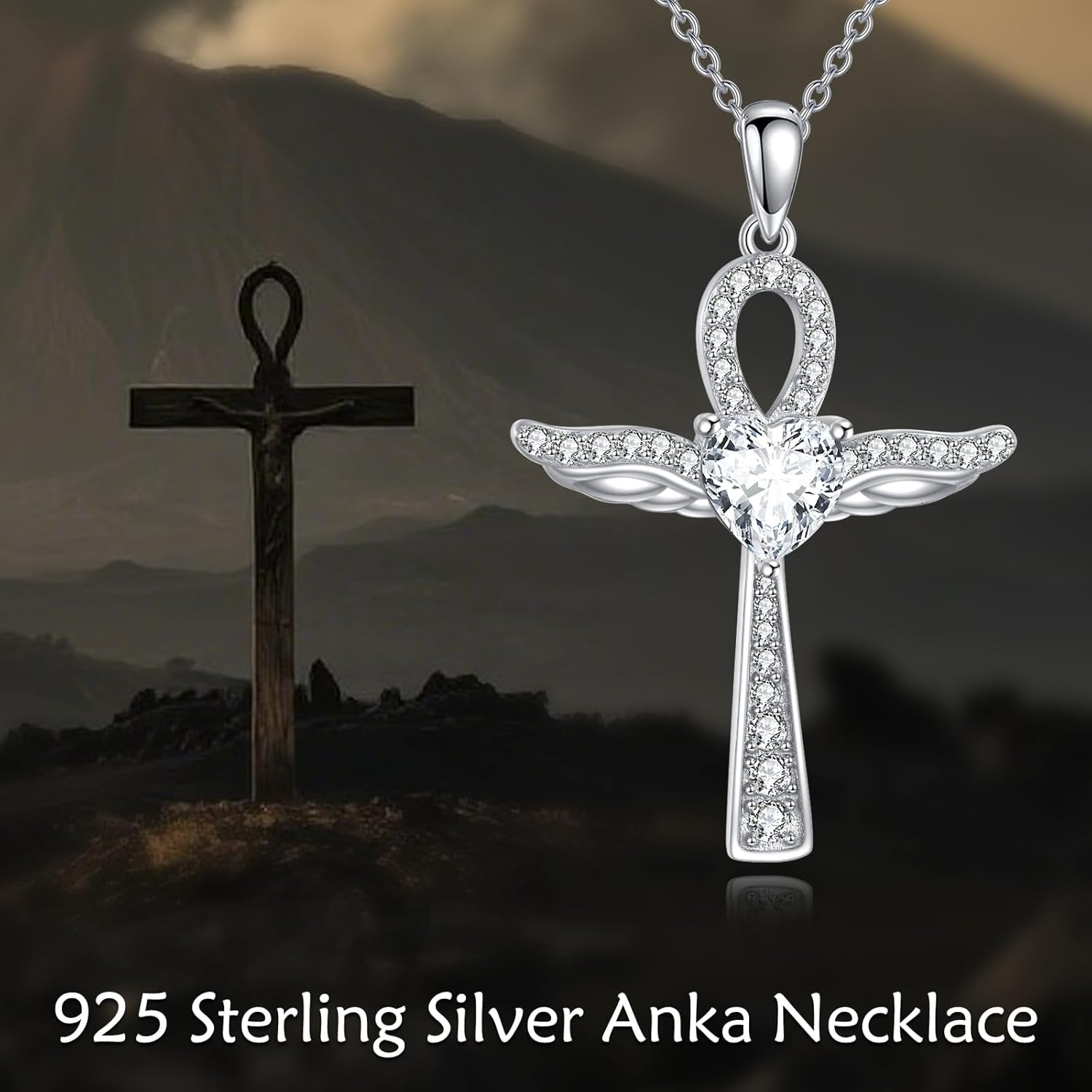 Ankh Cross Necklace 925 Sterling Silver Angel Wings Cross Pendant Heart Cubic Zircon Jewelry Gifts for Women Daughter And Lovers