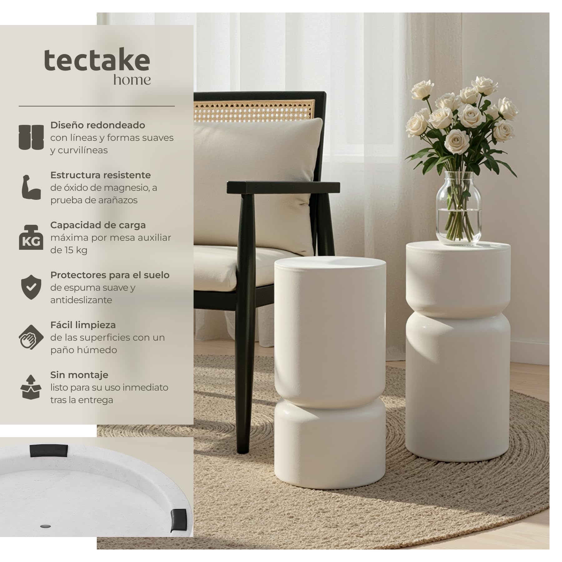 tectake® Mesas Auxiliares Modernas, Diseño Robusto Curvilíneo, Mesa Redonda Comedor, Resistente a la Intemperie, Salon, Protectores Antideslizantes, Mesa de Sofa - Blanco