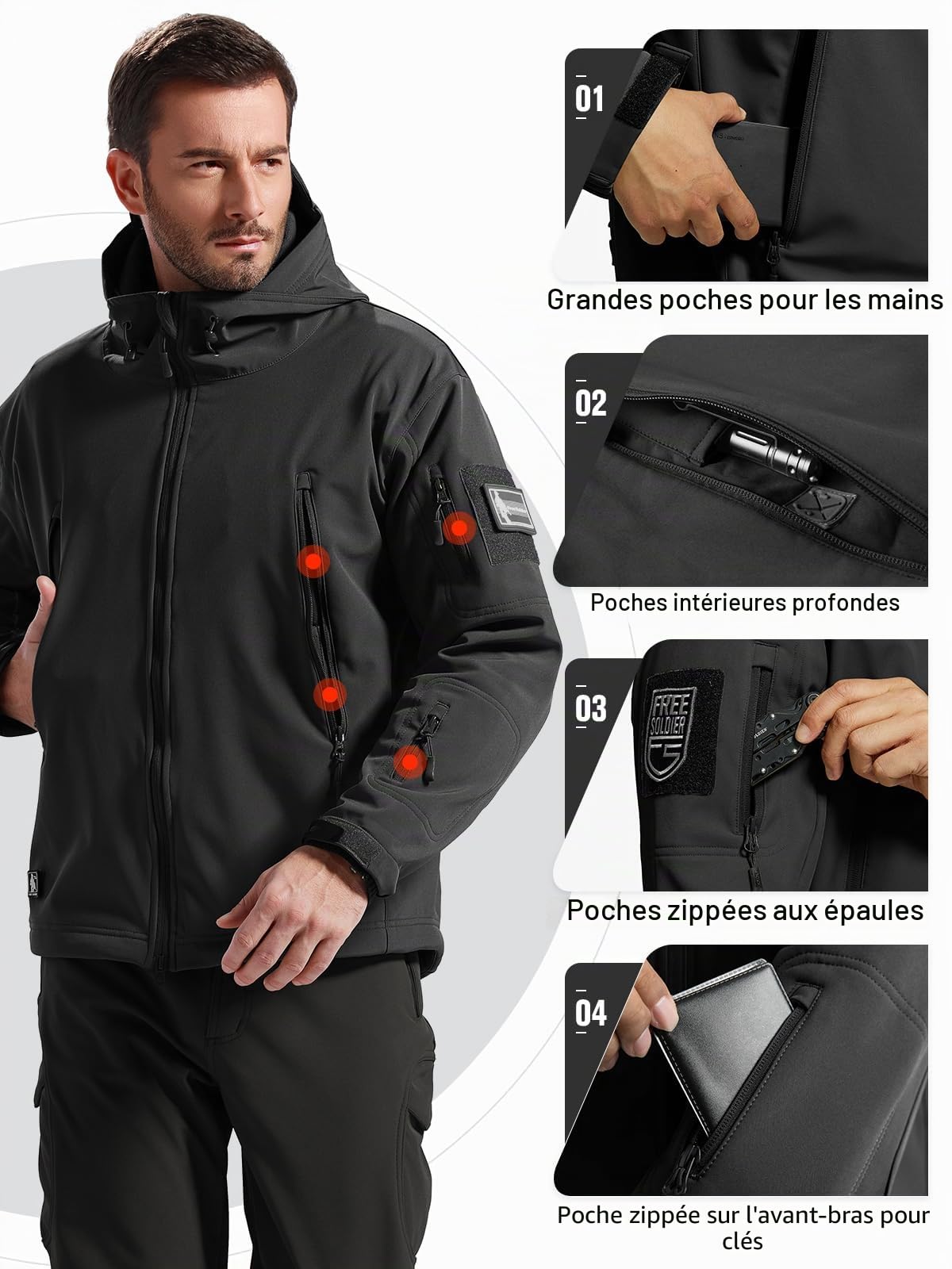 FREE SOLDIER Homme Veste Polaire Veste Militaire Tactique Veste de Ski Imperméable d'hiver Manteau Coupe-Vent extérieur Softshell avec Capuche