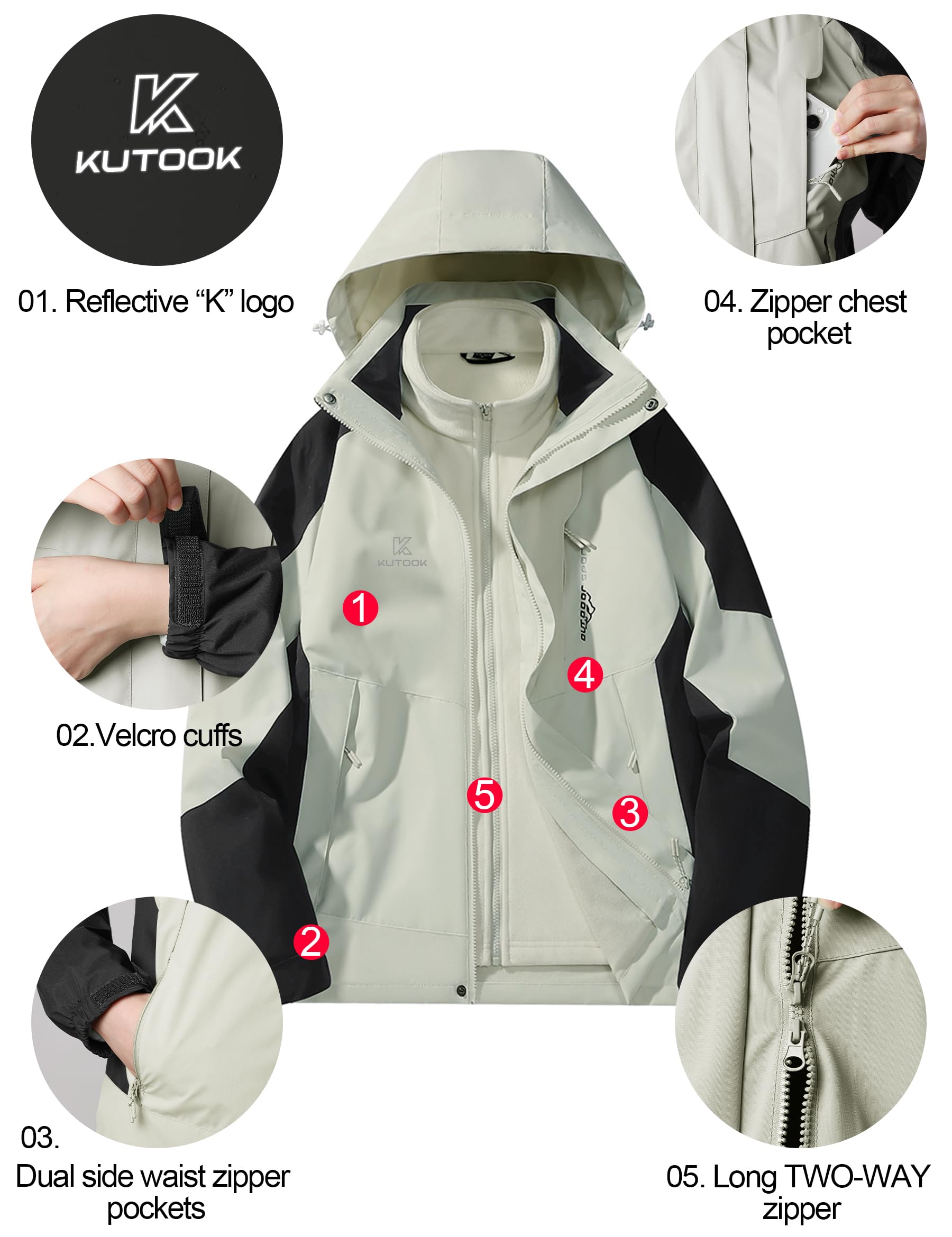 KUTOOK Chaqueta Softshell Impermeable para Mujer 3 en 1 Invierno Cortaviento con Cálido Forro Polar Senderismo Esquí Ciclismo