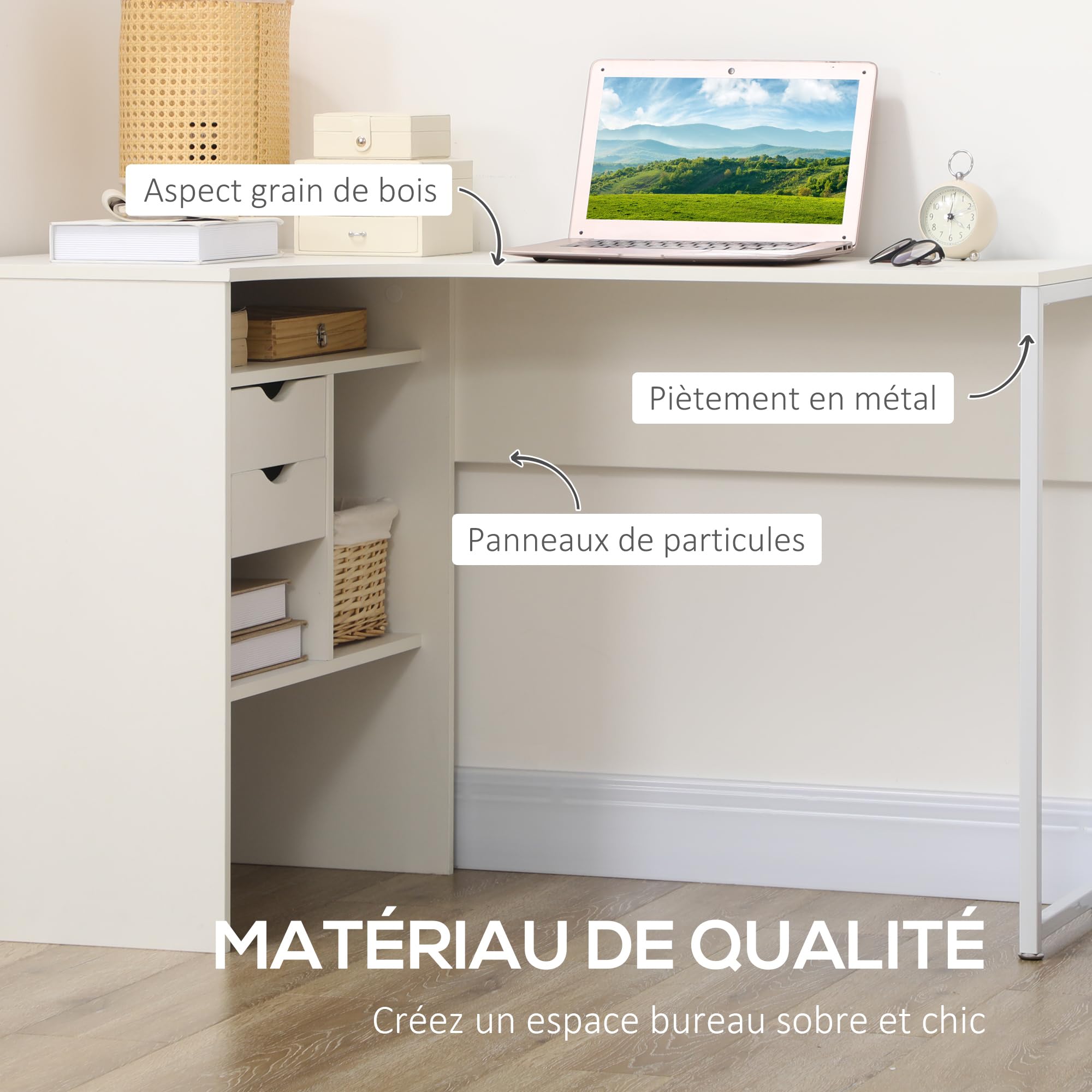 HOMCOM Scrivania angolare con 2 cassetti, 120 x 60 cm, Scrivania a L con 3 scomparti aperti, Tavolo per computer per studiare, lavoro, camera, casa, bianco
