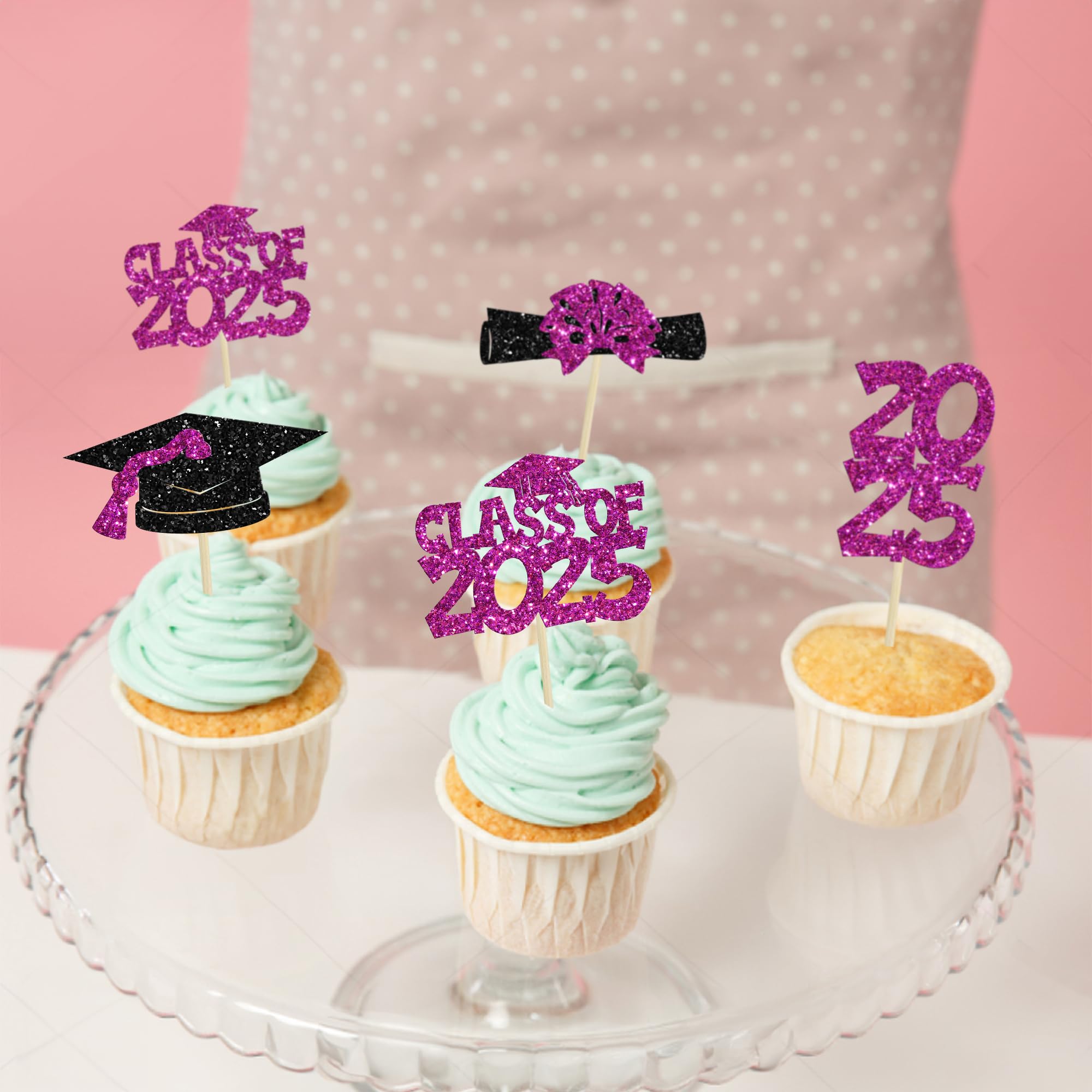 Ephlyn 36Pcs 2025 Graduation Theme Cupcake Toppers Glitter Class of 2025 Congrats Grad Diploma Graduation Cap Cupcake Picks for 2025 Graduation Theme Party Cake Decorations Supplies Purple - Image 4