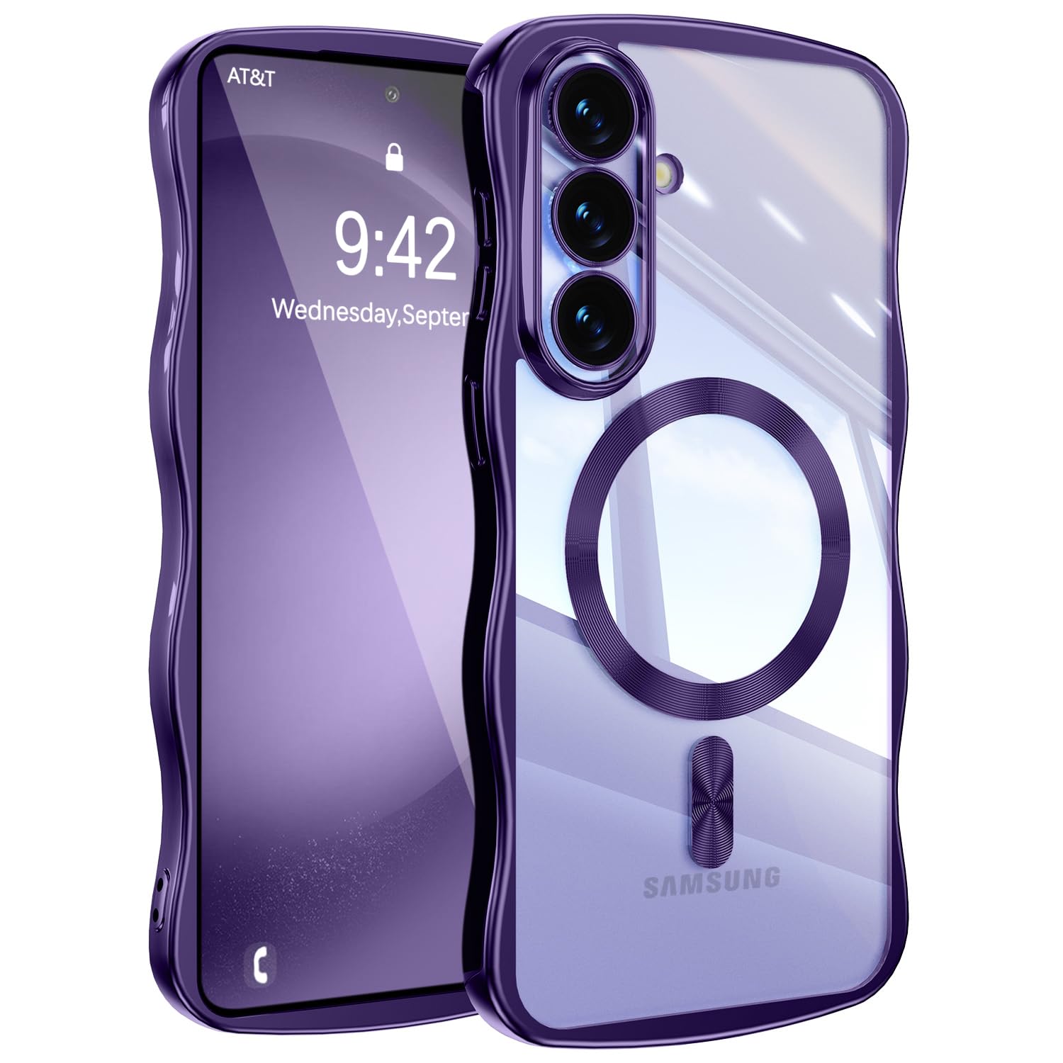 UEEBAI 対応 Samsung Galaxy S25 5G 用の ケース 半透明 TPU 電気メッキ 加工 ウェーブデザイン スマホケース MagSafe対応 クリア 可愛い 人気 おしゃれ ケース 薄型 軽量 耐衝撃 電鍍 波型 バンパー スマホケース - パープル