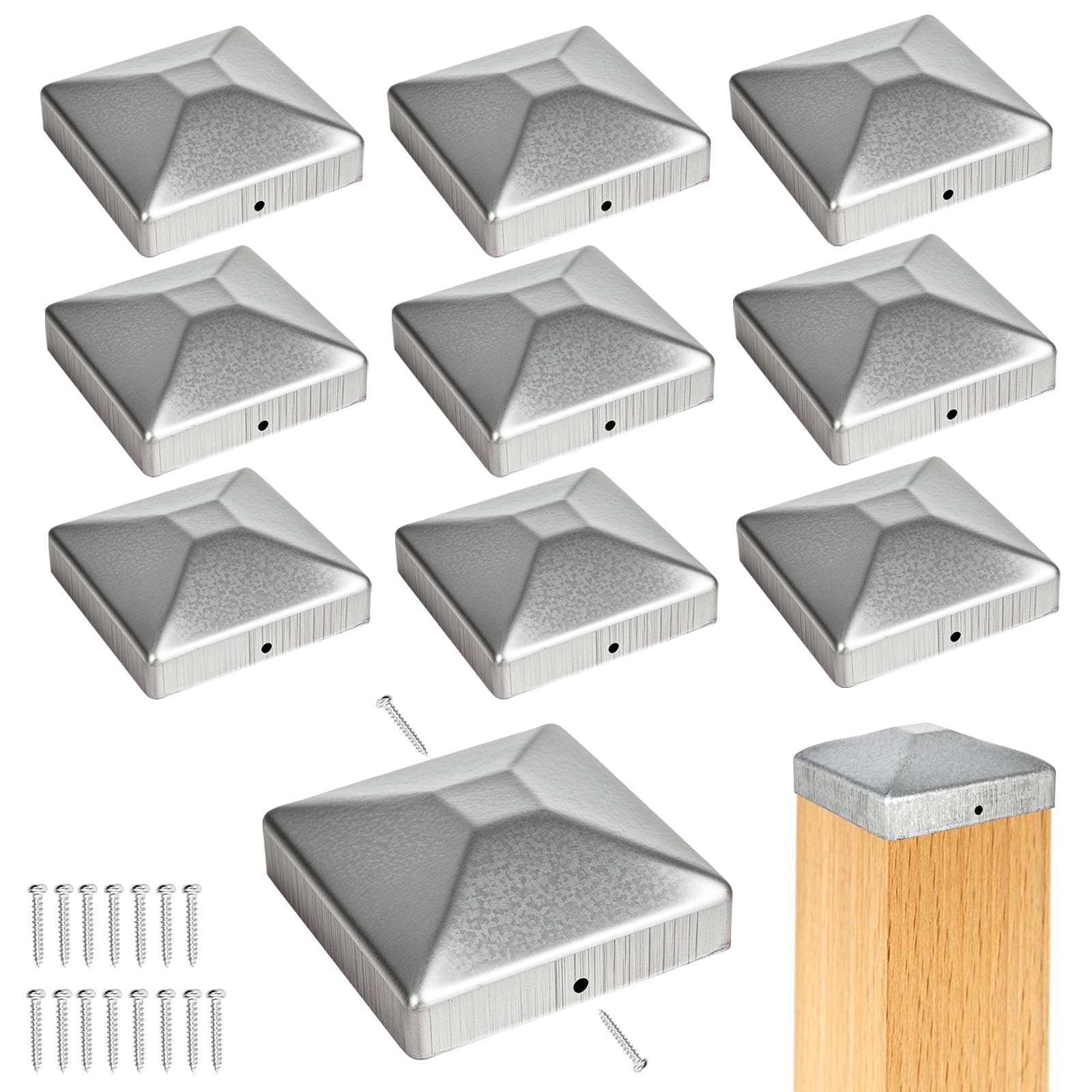10 tapas de postes de 9 x 9 cm, acero galvanizado con 20 tornillos, tapas para postes de valla de pirámide, tapas inoxidables para postes de vallas, tapas para postes de madera, cubiertas de postes