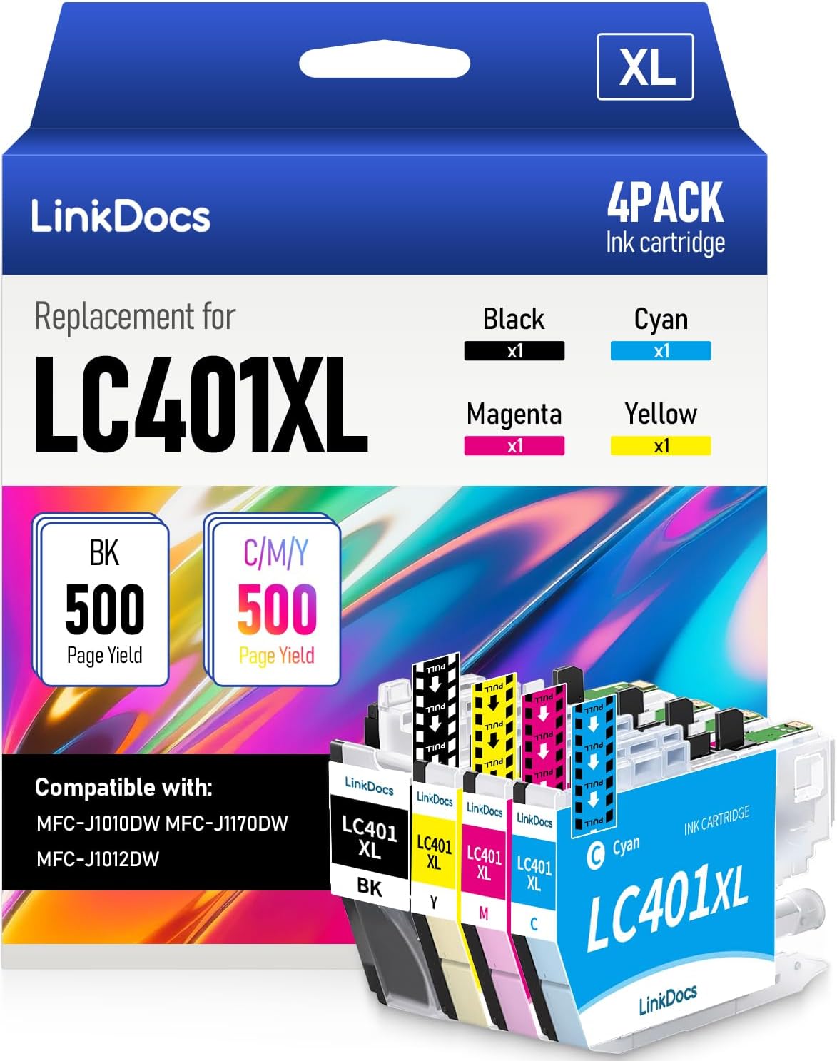 LinkDocs LC401XL Ink Cartridges Compatible Replacement for Brother LC401 LC401XL to Use with MFC-J1010DW MFC-J1170DW MFC-J1012DW DCP-J1800DW J1140DW Printer (Black Cyan Magenta Yellow 4 Pack)