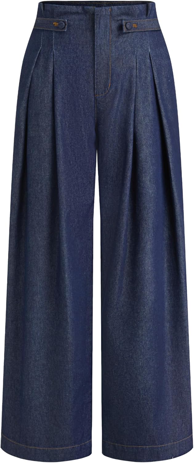 CIDER Wide Leg Jeans for Women Mid Waist Denim Pleated Oversized Long Pants Trousers