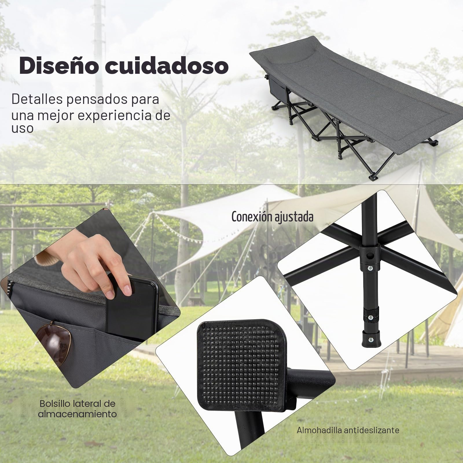 KOMFOTTEU Cama de camping con bolsa de almacenamiento, de tela Oxford y metal, cama de camping plegable 190 x 68 x 48,5 cm, cama de campo XL portátil, antideslizante, soporta hasta 200 kg