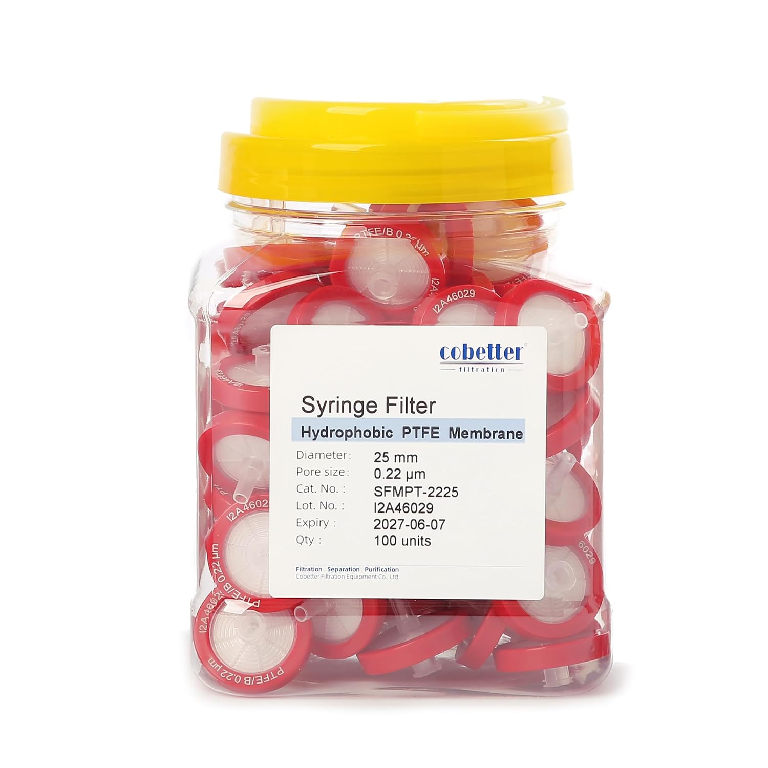 100 Pack PTFE Syringe Filter Lab Filters 0.22μm Pore Size 25mm Diameter Hydrophobic Filtration Non-sterile Red