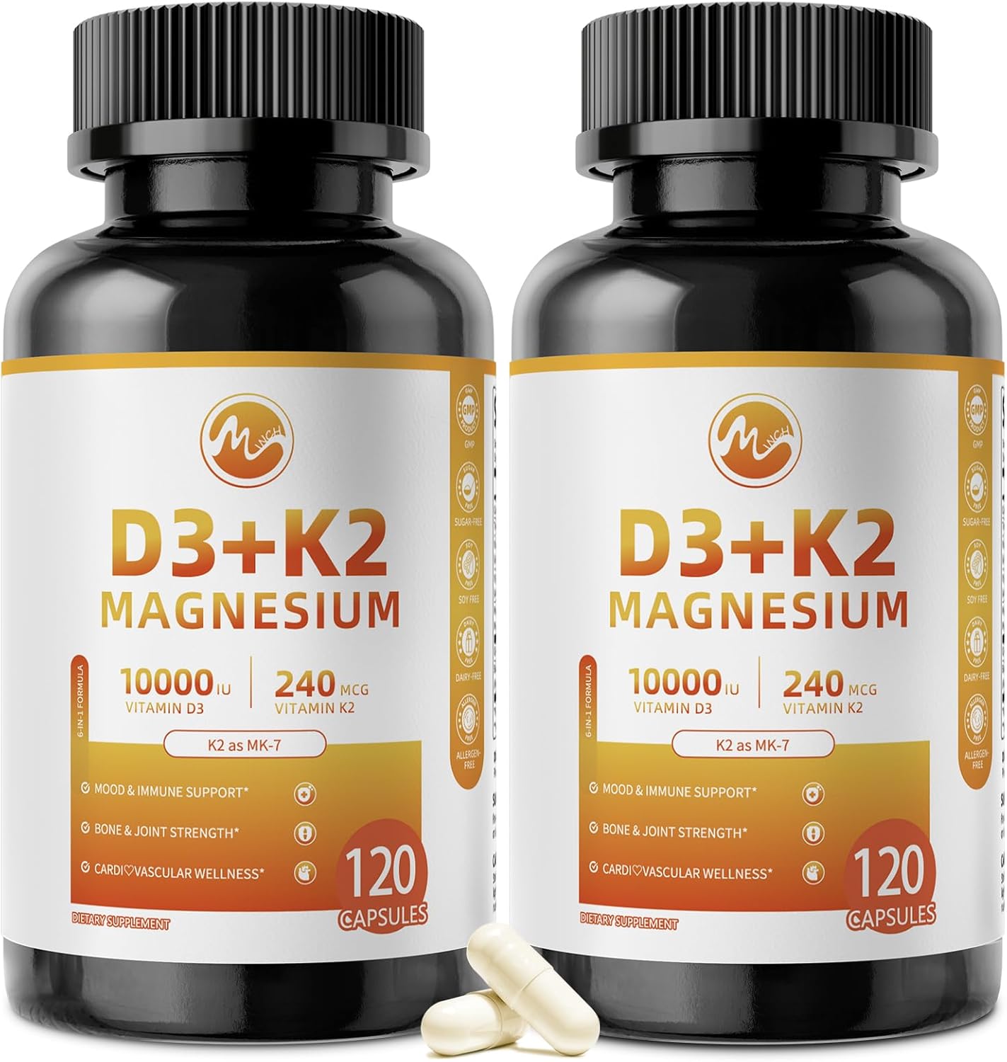 M inch Vitamin D3 K2 with Magnesium, Vitamin D3 10000 IU, Vitamin K2 MK-7 240 mcg, 6-in-1 K2 D3 Vitamin Supplement with Quercetin for Bone, Immune & Moo*d Support, Highly Bioavailable, 2 Packs