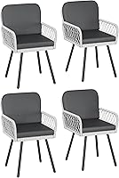 GarveeLife Patio Dining Chairs Set of 4 - Black Metal & White Wicker Armchairs with Cushions, Weatherproof for Garden Deck Balcony