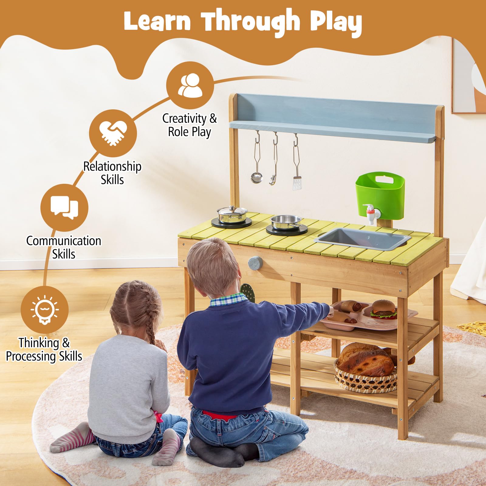 FANTASK Matschküche für Kinder Outdoor & Indoor, Spielküche mit Haken & abnehmbarem Regal, Kinderküche Holz mit Wasserfunktion, Gartenküche Geschenke für Kinder ab 2 Jahren, Natur