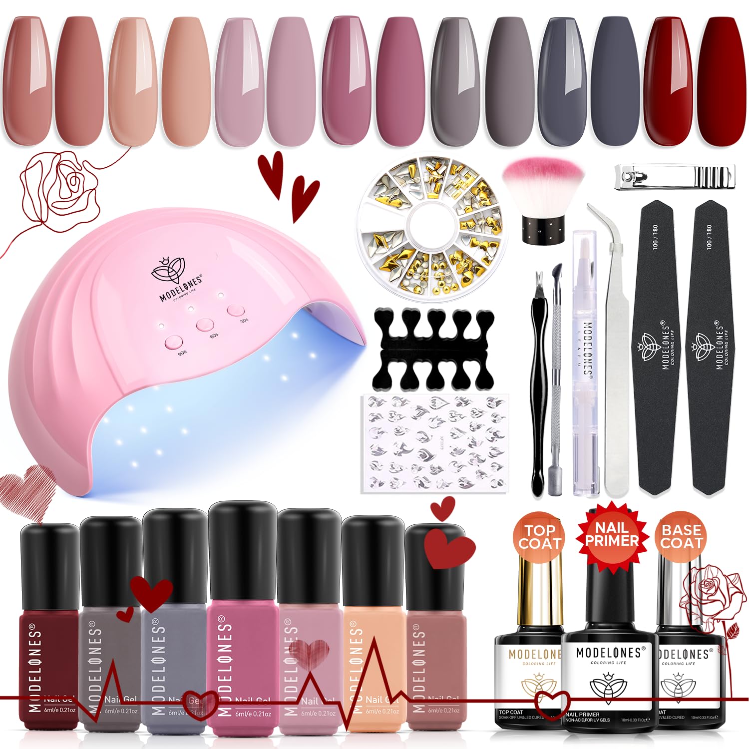 Modelones Kit Uñas Semipermanentes 22Pcs 7 Colores Esmaltes con Lampara UV 48W Kit Manicura Semipermanente Primer Base y Top Coat, Kit Uñas de Gel para Principiantes, Desnudo Gris Rojo