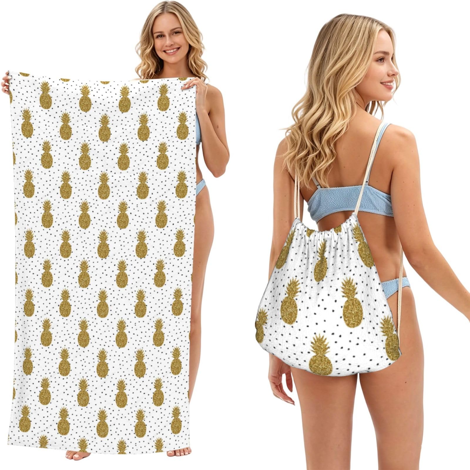 WSHFFILO Gold Glitter Pineapples Fruit printed 2 in 1 Packable Towel Bag Bath Towel Beach Towel