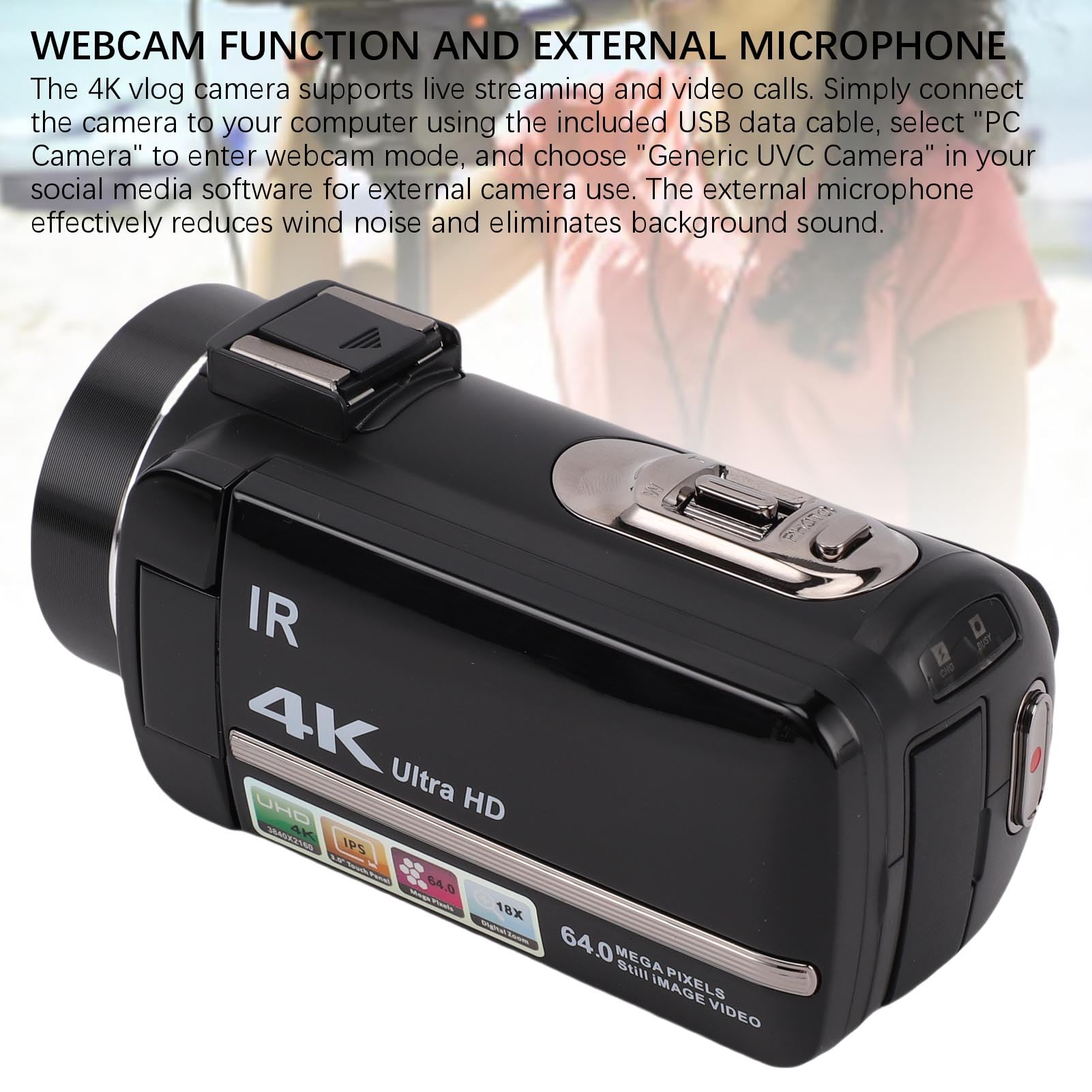 Elprico Videocámara 4K Cámara Vlogging de 64MP para Youtube Pantalla Táctil de 3.0" Zoom Digital 18X con Micrófono Estéreo Externo, Control Remoto, Parasol, Estabilizador de Mano,