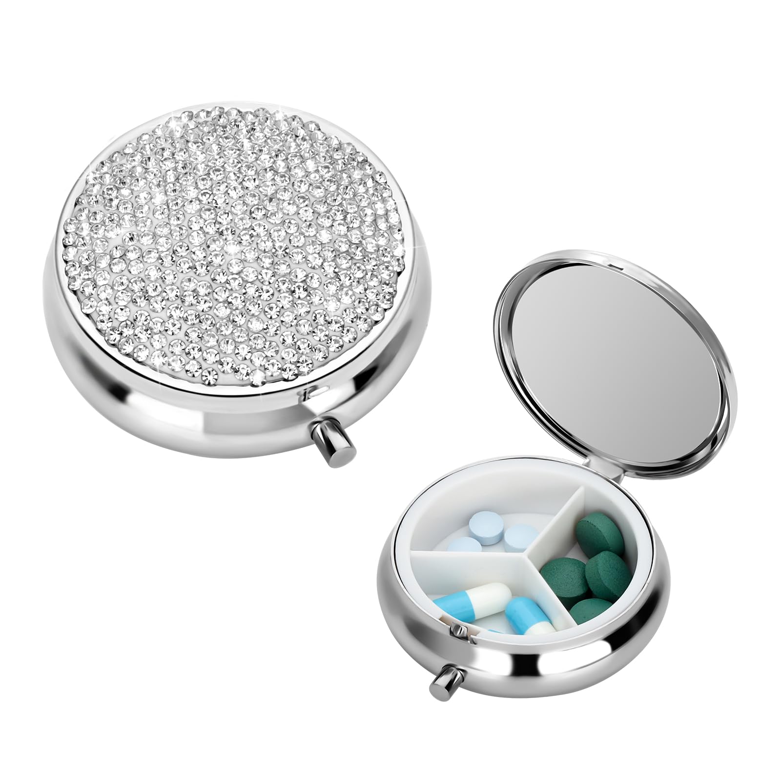 SoleebeeBling Crystal Pill Box, Portable 3 Compartments Daily Pill Organizer, Small Travel Pill Case for Purse or Pocket, Medicine Vitamin Pill Container Organizer (Silver)