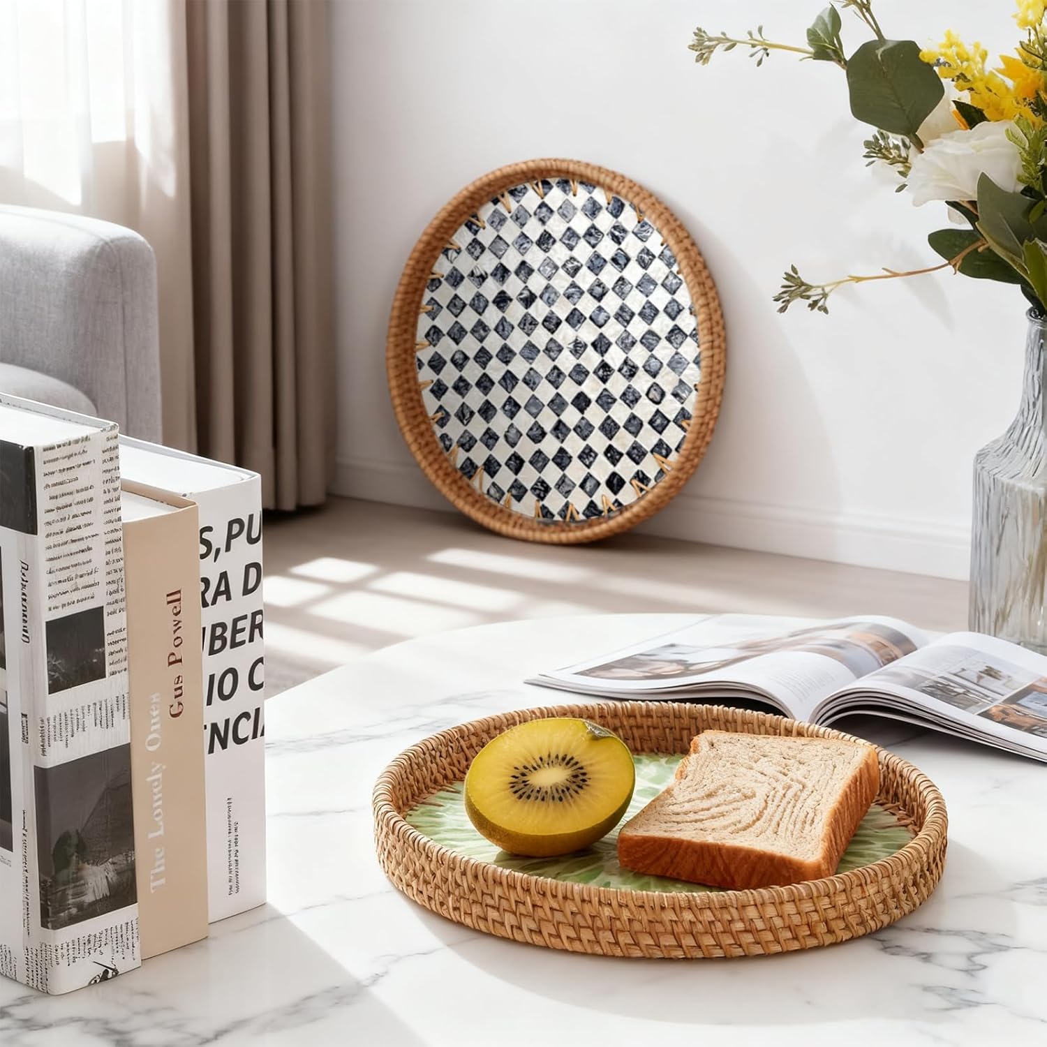 Round Rattan Tray with Mother of Pearl Inlay, Decorative Basket with Wooden Base, Woven Tray for Kitchen Island Decor, Table Decor, Storage and Display of Food (Checkerboard, 11.8") - Image 5