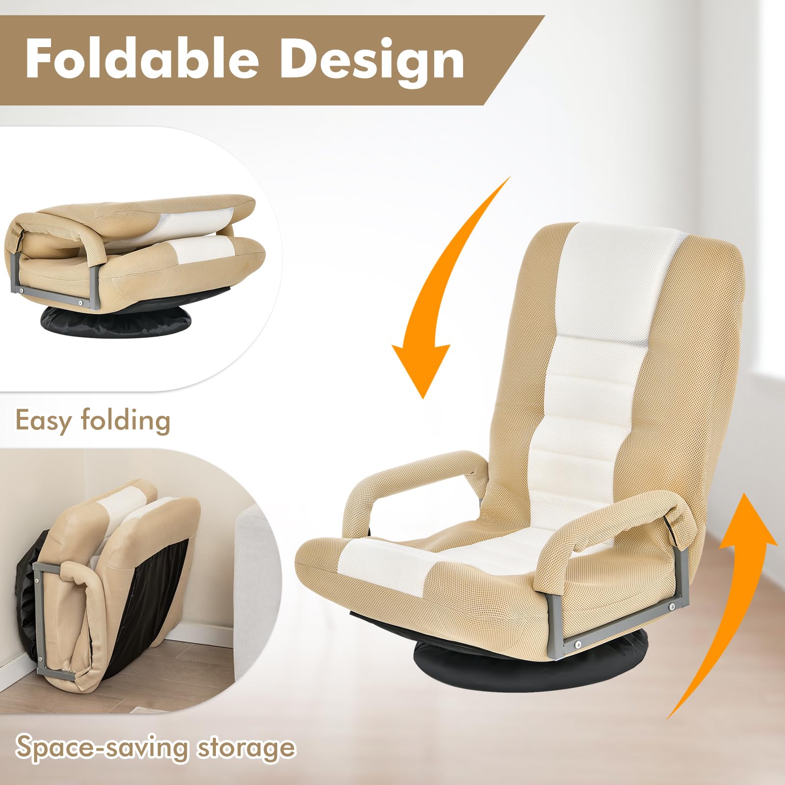 COSTWAY Sedia da Pavimento Pighevole, Sedia da Terra con Braccioli, Poltrona da Yoga Portatile e Girevole, Poltrona con Schienale Regolabile a 5+2 Livelli, Portata 150 kg (Marrone chiaro)