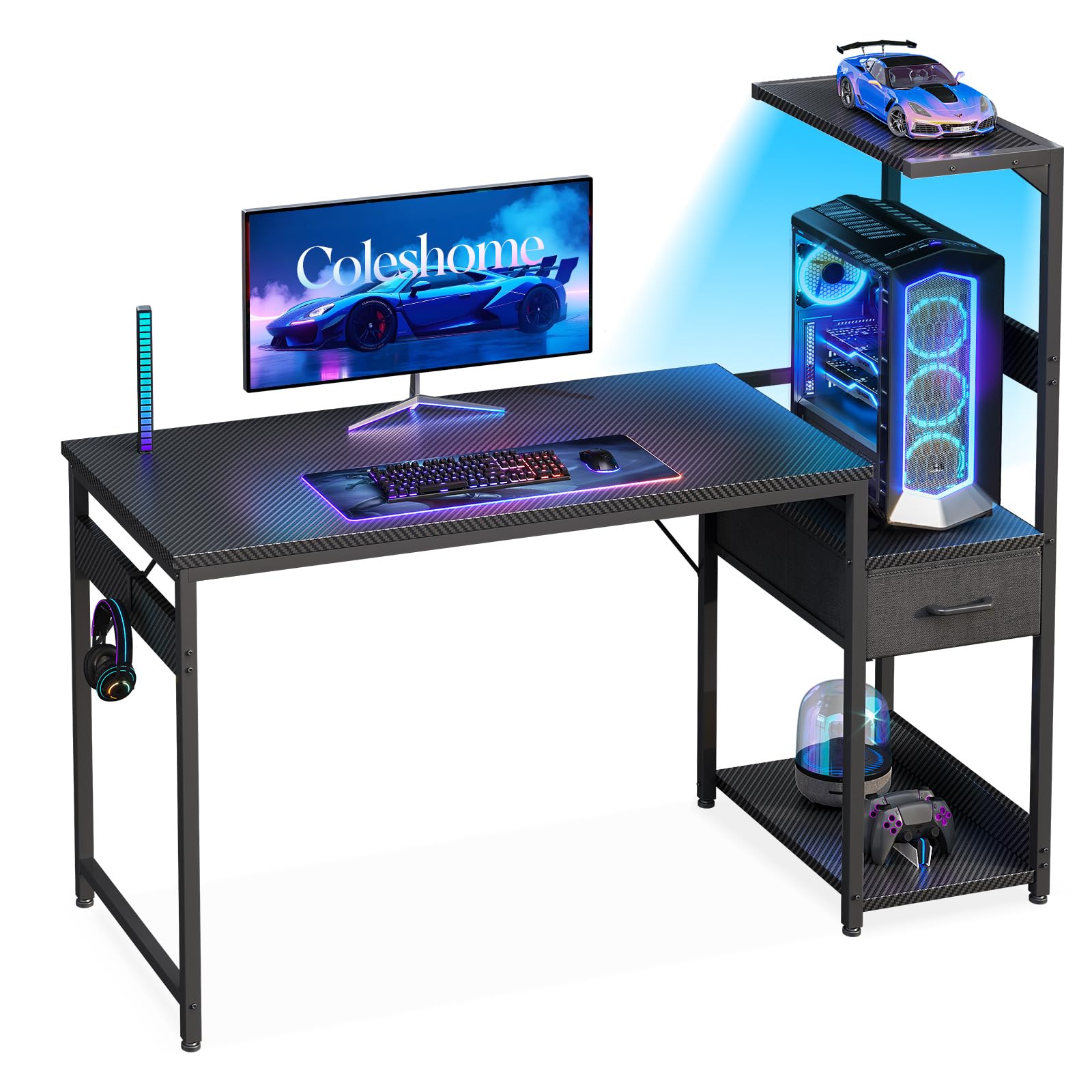 Coleshome Bureau Gaming avec Éclairage LED, 120×48 cm Bureau Gamer avec Rangement Tiroirs et Étagères, Bureau Informatique Réversible avec Patère pour Casque, Noir Fibre de Carbone
