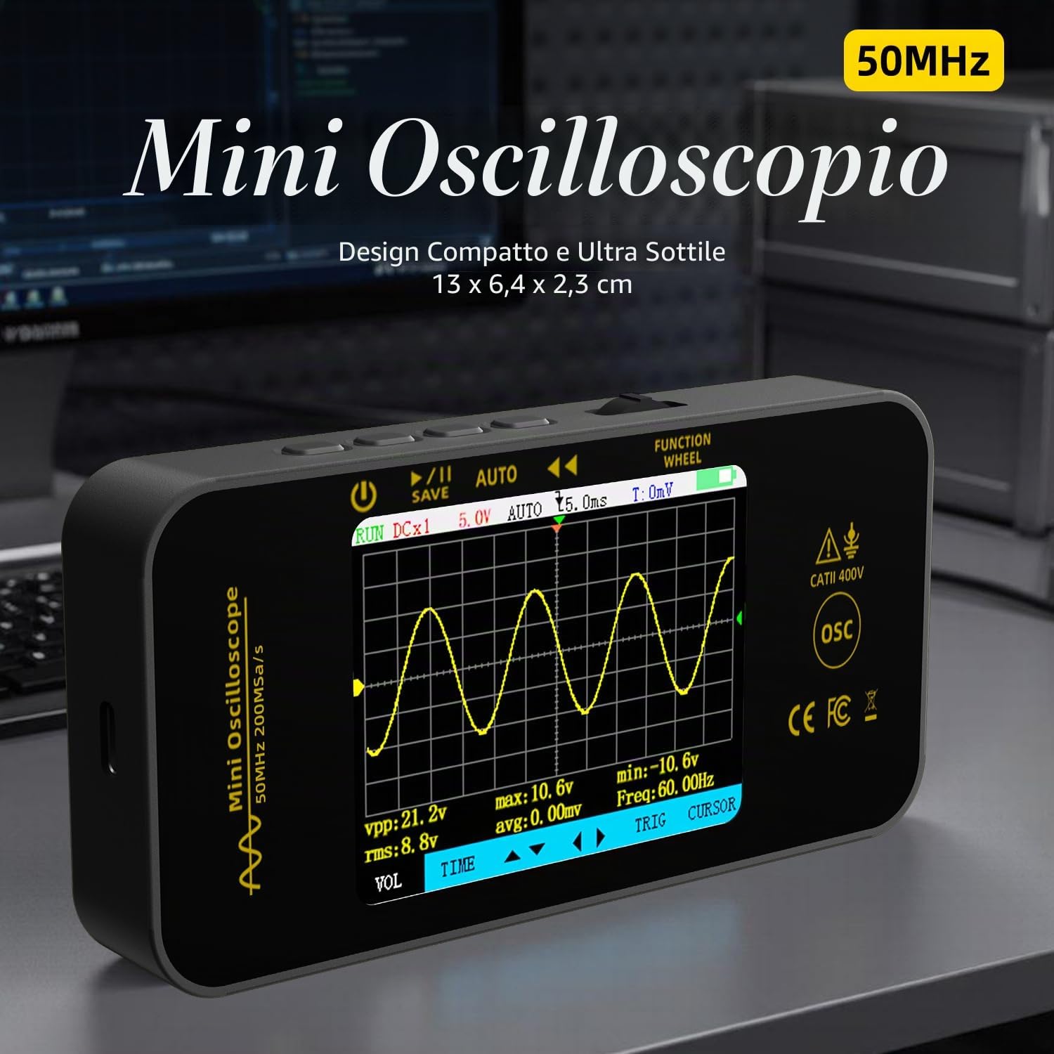 BSIDE OT5 Mini Oscilloscopio Digitale Portatile 50MHz Larghezza di Banda 200MSa/s Oscilloscopio Tascabile Ricaricabile Ultra Sottile con LCD a Colori 3,2 Pollici per Elettronica Audio Automotive