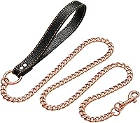 Vista 8 de Correa de perro de cadena de oro de acero inoxidable fuerte, con mango de cuero, correa de cadena de eslabones NK chapada en oro de 18 quilates