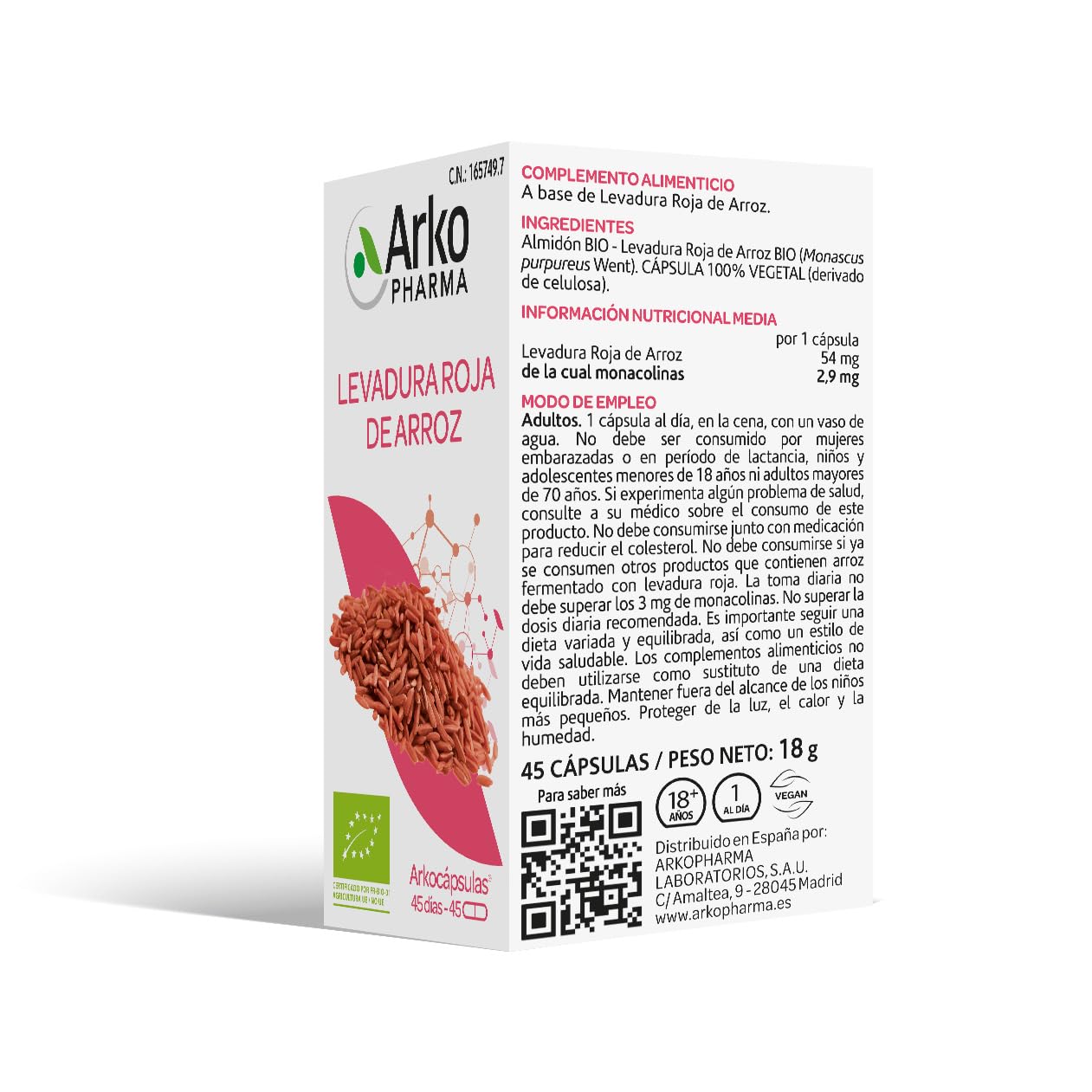 Arkopharma - Arkocápsulas Levadura Roja de Arroz Bio, Pack 2 x 45 Cápsulas, Complemento Alimenticio de Origen Vegetal, Ayuda a Mantener Niveles Normales de Colesterol, Bienestar Cardiovascular