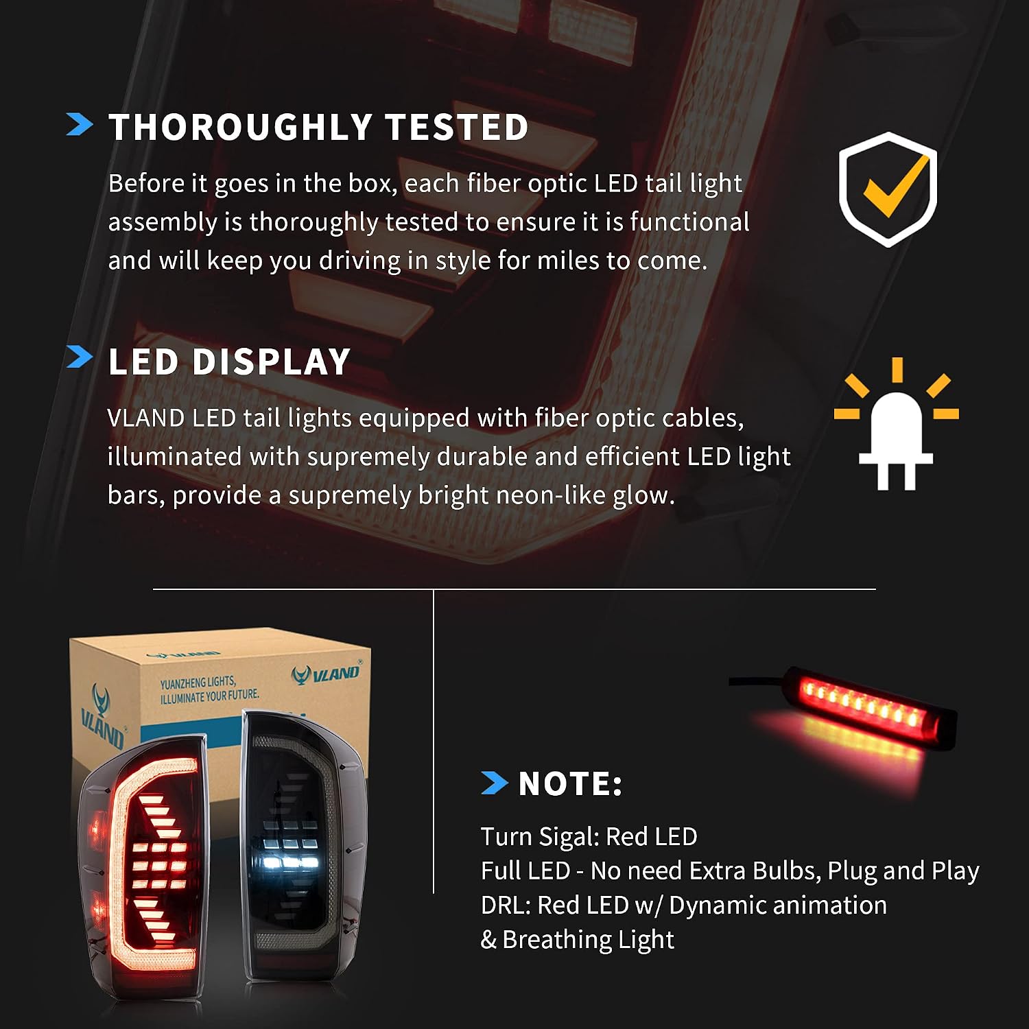 VLAND LED Tail Lights Compatible with Toyota Tacoma 2016-2020 w/Dynamic Animation DRL w/Red Sequential Turn Signal, Smoked/Tinted, Driver & Passenger Sides