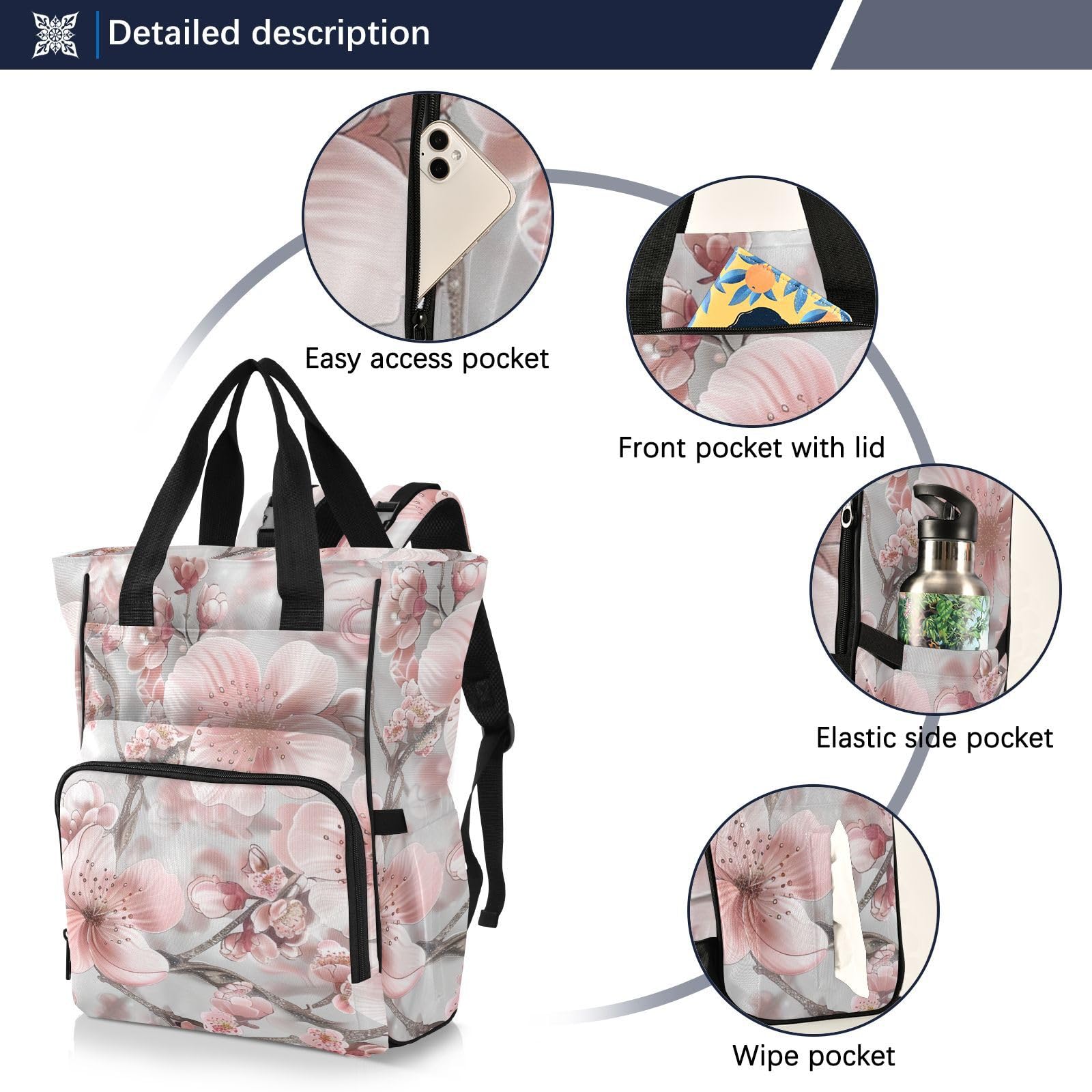 Borsa per pannolini, zaino per mamme e papà, stile bohémien, con fiori e