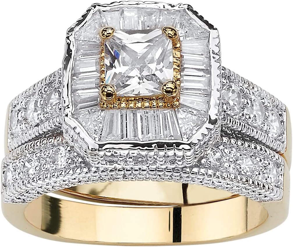 Palm Beach Jewelry 14K Yellow Gold Plated Two Tone Princess Cut Cubic Zirconia Vintage Style Bridal Ring Set