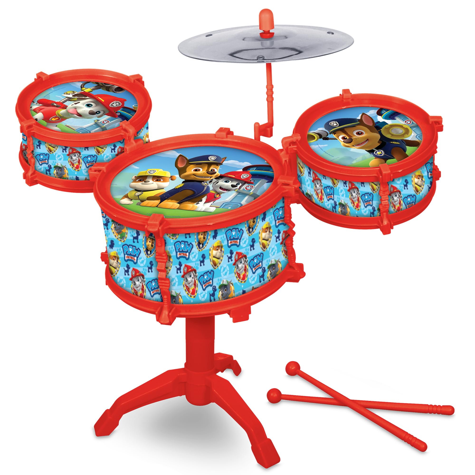 Hedstrom Grande batterie – 3 tambours, 1 cymbale, 2 baguettes de batterie et support, Paw Patrol