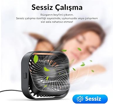 Warmco K51 Masaüstü Vantilatör 3 Kademeli 360° Döner Başlıklı USB Kablolu Soğutucu Fan Siyah