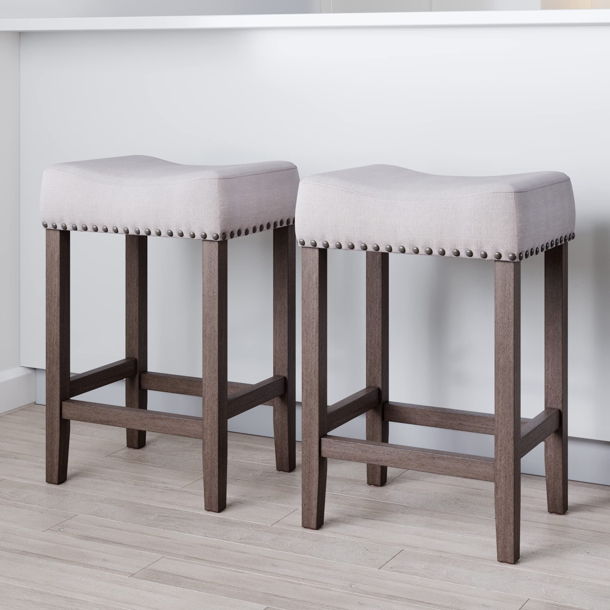 Photo 1 of "MISSING CHAIR, ONLY ONE CHAIR" Nathan James Set of 2 Hylie Nailhead Wood Pub-Height Kitchen Counter Barstools 24", Light Gray/Dark Brown Set of 2 - Light Gray/Dark Brown 24"