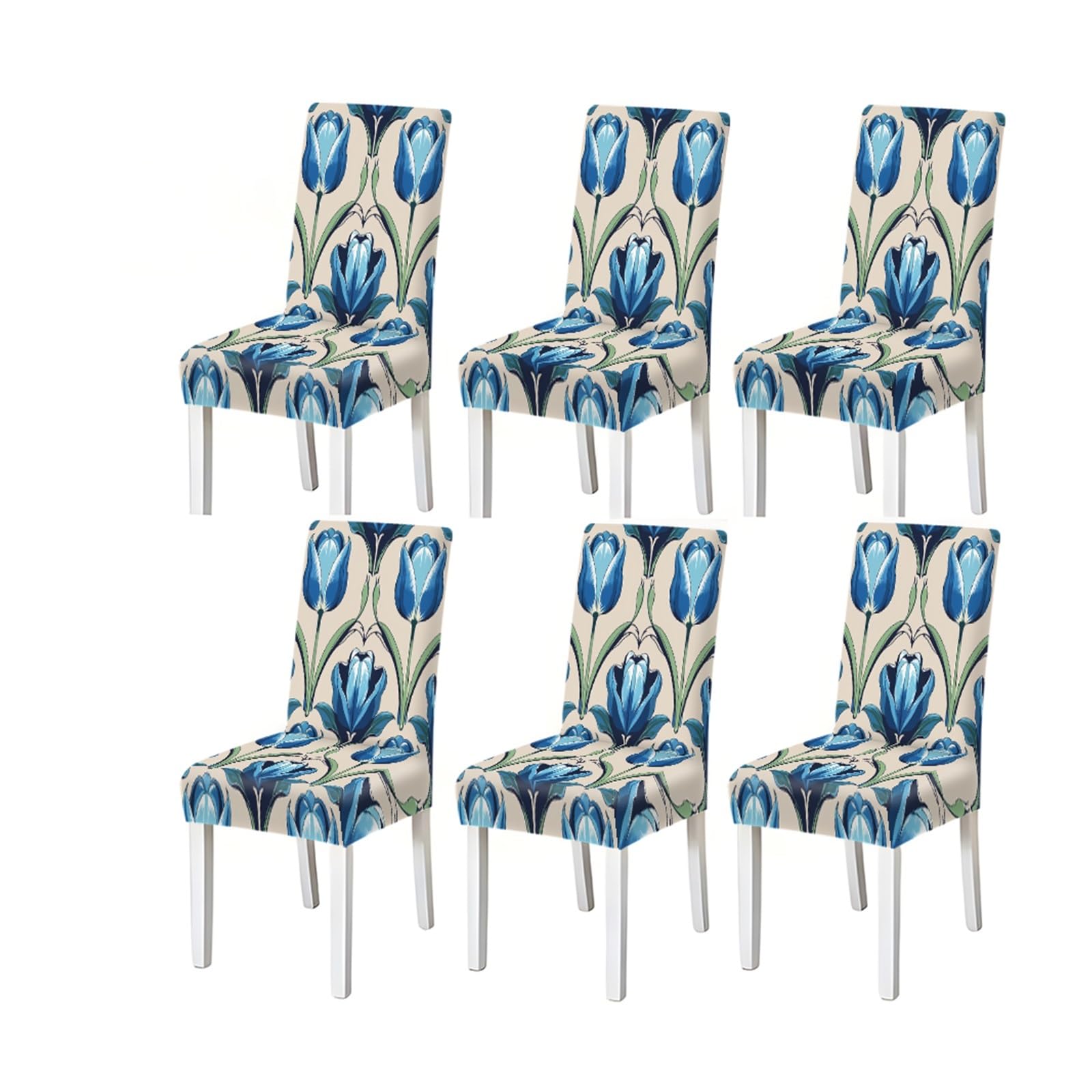 Bosuybn One Color Dining Chair Covers 2/4/6 Pieces, Stretch Slipcovers Blue Tulip Floral Pattern For Kitchen Dining Room, Elegant European Style Furniture Protectors For Home Dining Room(6Pcschair Cover)