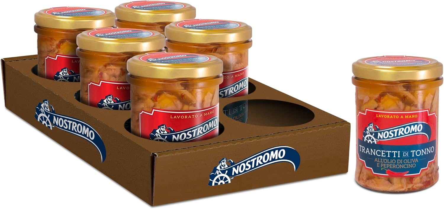 Nostromo - Trancetti di tonno all'olio di oliva e peperoncino, 6 vasetti da 180gr. Qualità superiore, lavorati a mano, fonte di Omega 3 180 g (Confezione da 6) Al peperoncino - Immagine 1
