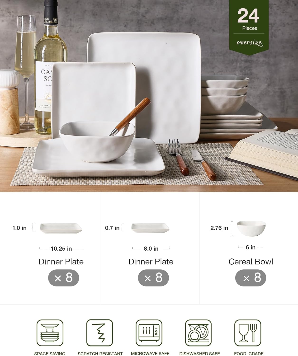 famiware dinnerware sets for 8, ocean square 24-piece kitchen plates and bowls sets, microwave and dishwasher safe, scratch resistant, matte white matte white set(24pcs)