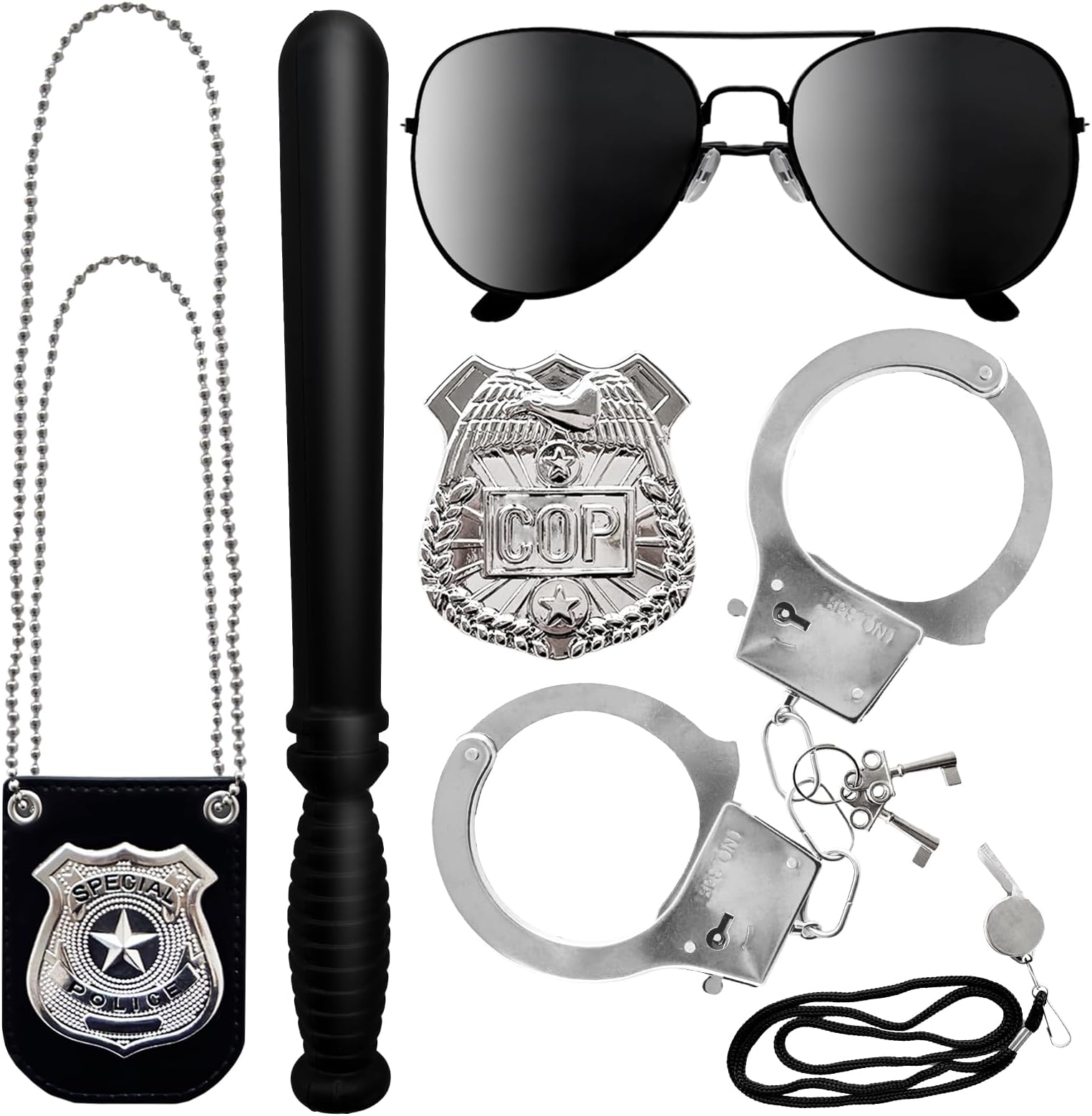 6 Pcs Police Pretend Play Toy Set,Police Officer Costumes with Handcuff Sunglass Badge Police Baton Whistle,Police Role Play Set Cop Detective Accessories for Kids