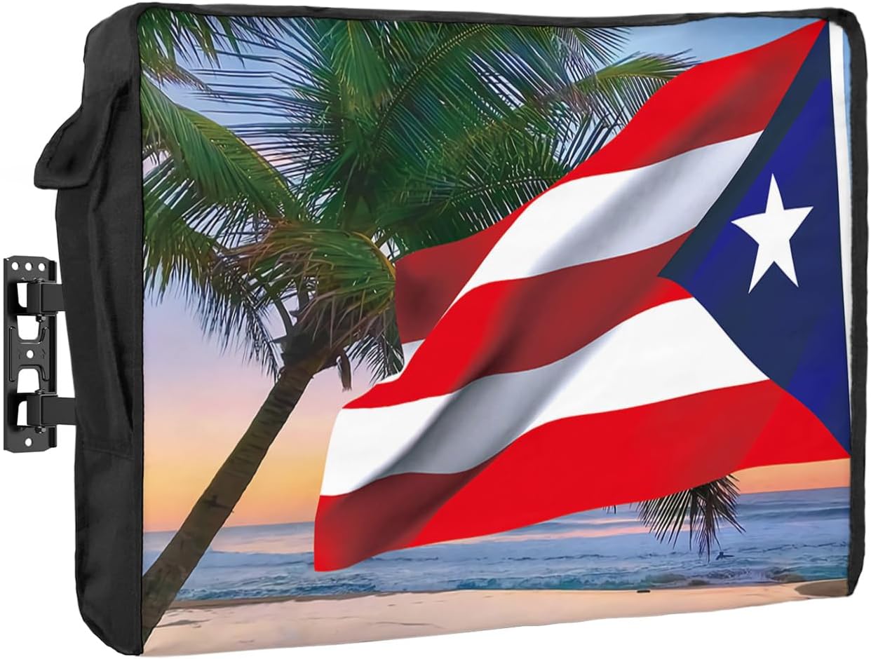 Outdoor TV Cover – Summer Beach Puerto Rico Flag Waterproof and Weatherproof 60″-65″ LCD Movable Shield TV Display Screen Protector Outside Television Covers